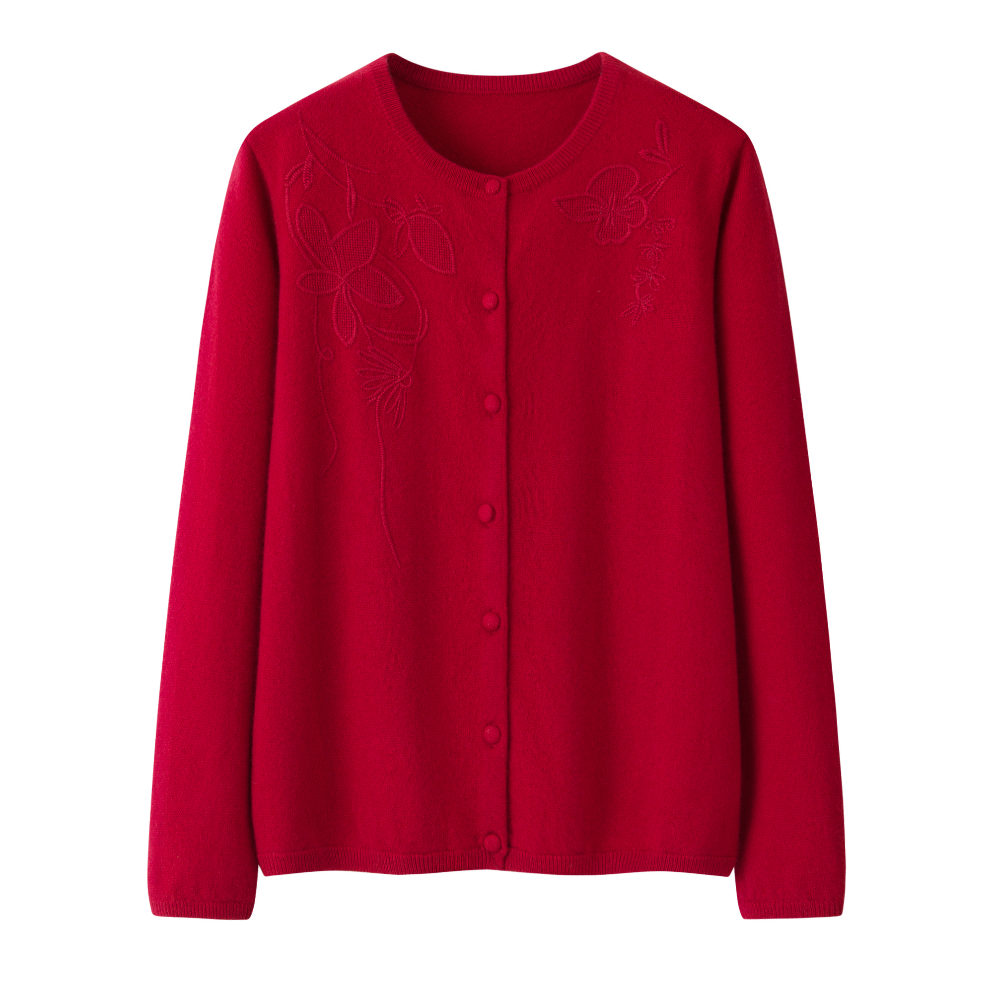 圆领女开衫红色羊绒衫手工刺绣羊绒开衫打底衫宽松上衣纯色