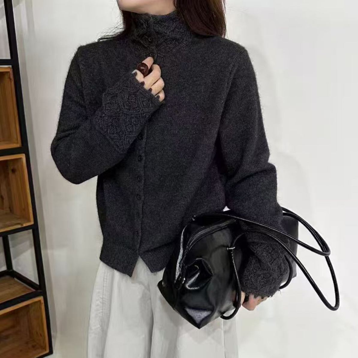 WTt-666冬季新款镂空花边高领加厚针织开衫女百搭显瘦宽松上衣