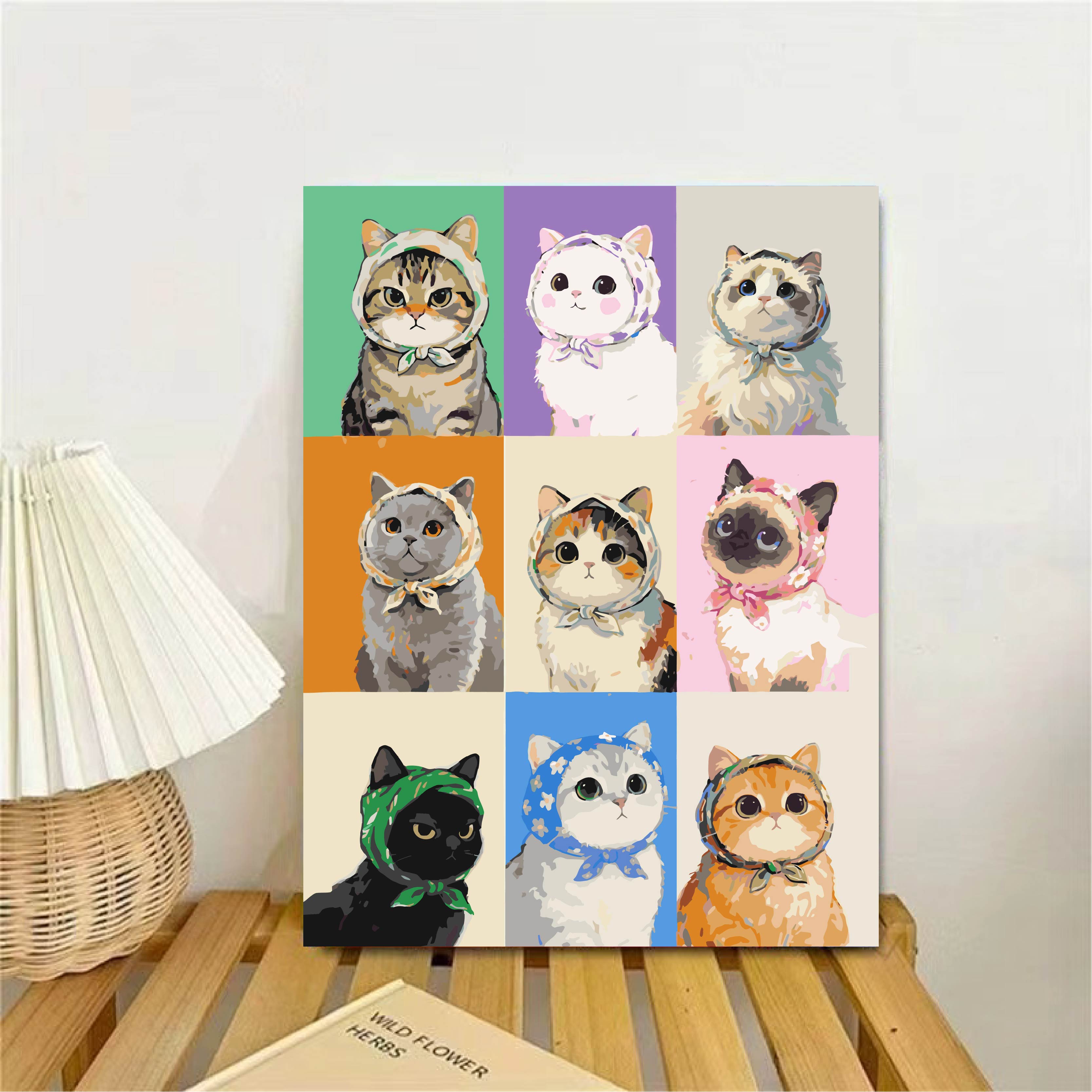 萌系头巾小猫系列数字油画DIY手工填色解压装饰挂画