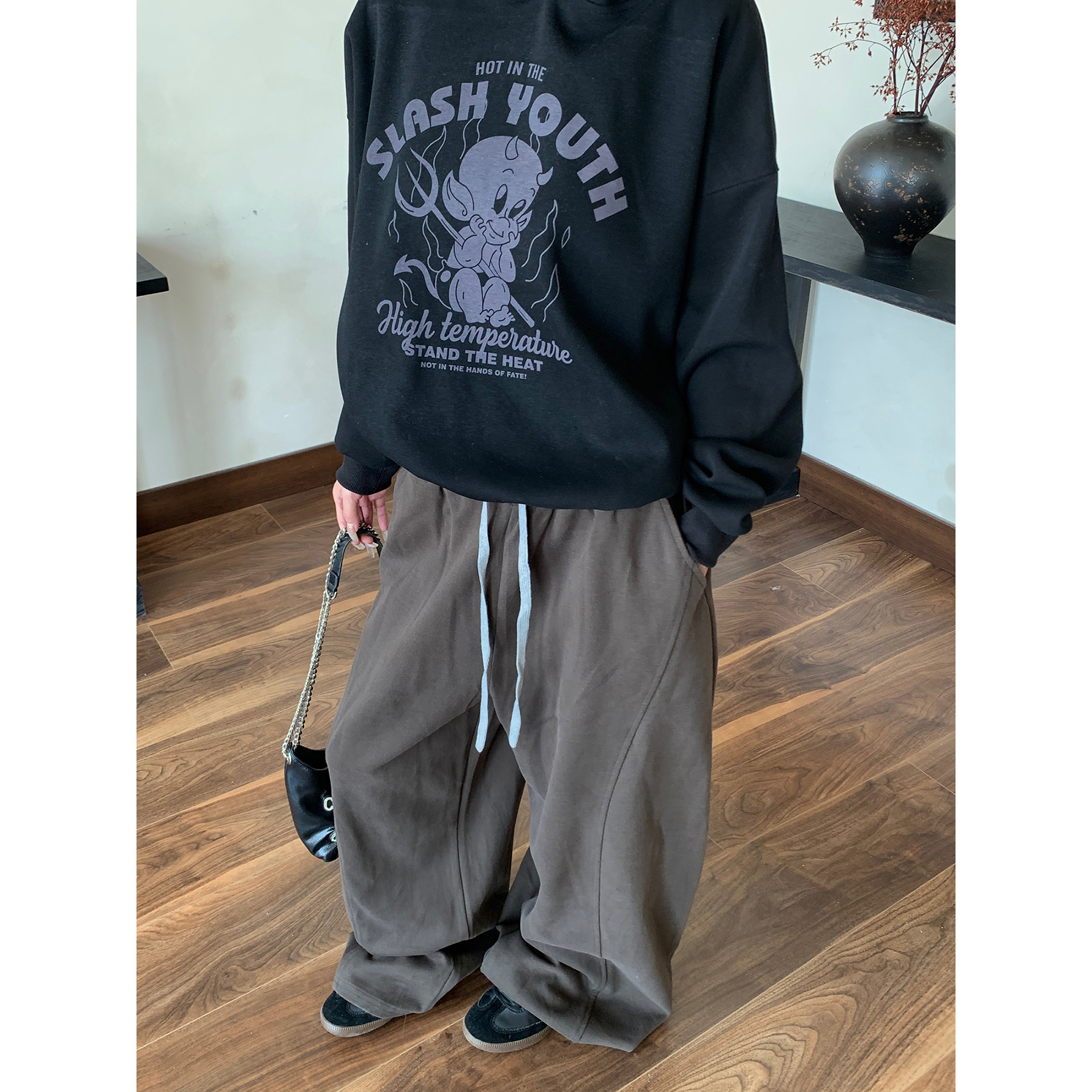 木子羊 美式复古运动休闲卫裤男潮牌阔腿裤情侣新款宽松直筒长裤