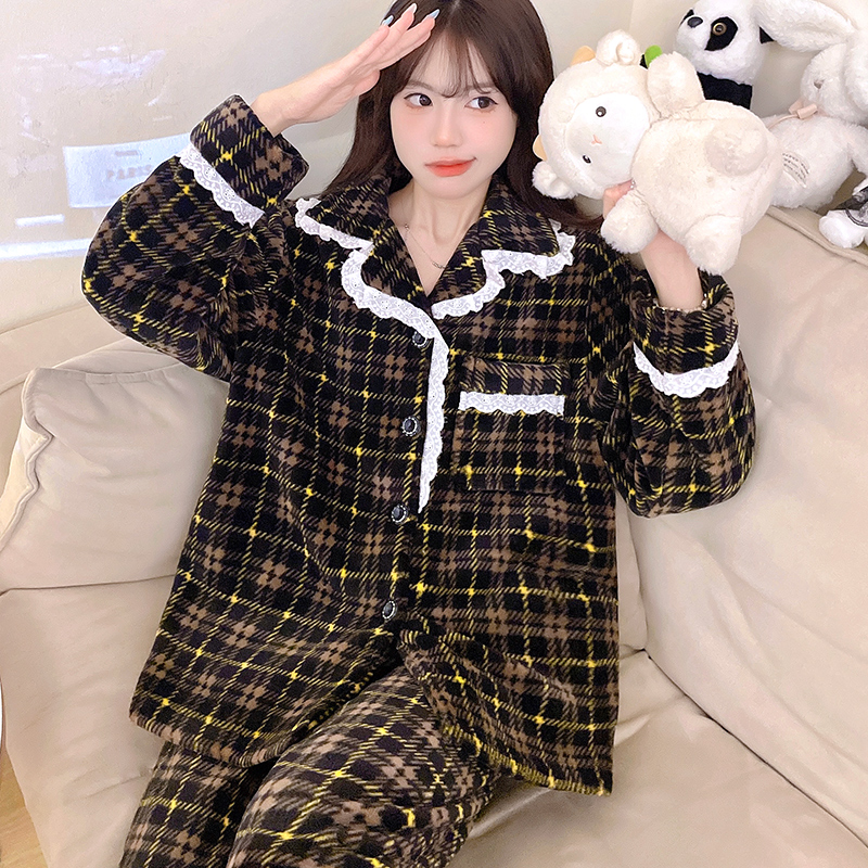 043棕格女秋冬季加厚套装家居服保暖长袖春秋新款法兰绒可外穿