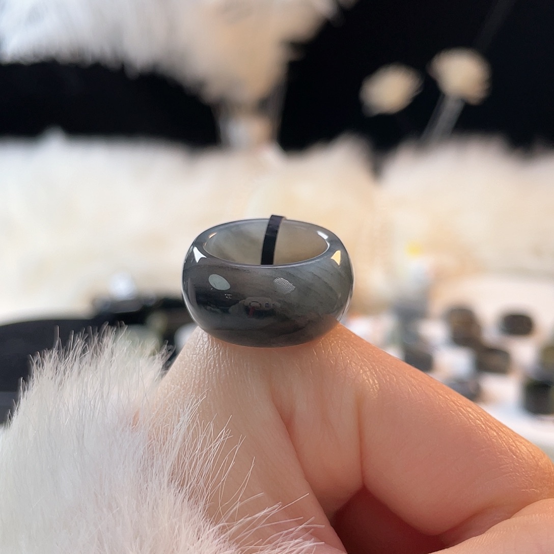 和田玉未镶嵌戒指k23黑青花墩墩16.9mm