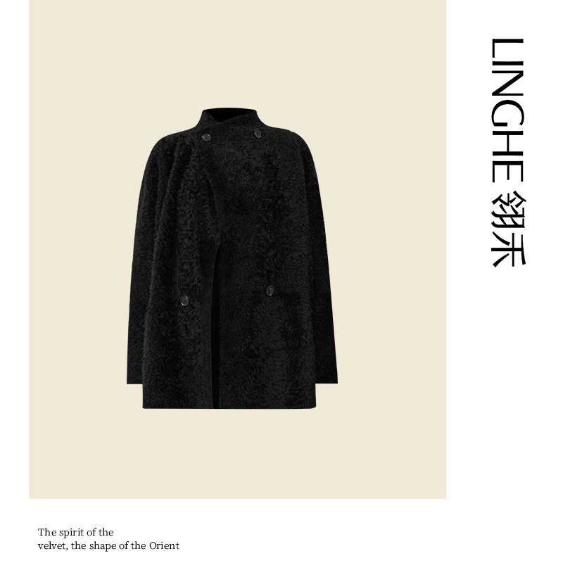 翎禾LINGHE-秋冬季保暖高级感气质短款羊毛皮外套西班牙拉贡