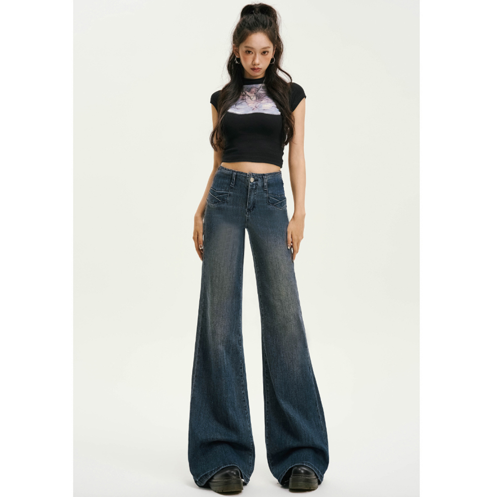 复古蓝宽松大喇叭牛仔裤2025秋季新款高腰设计感交叉叠口袋阔腿裤