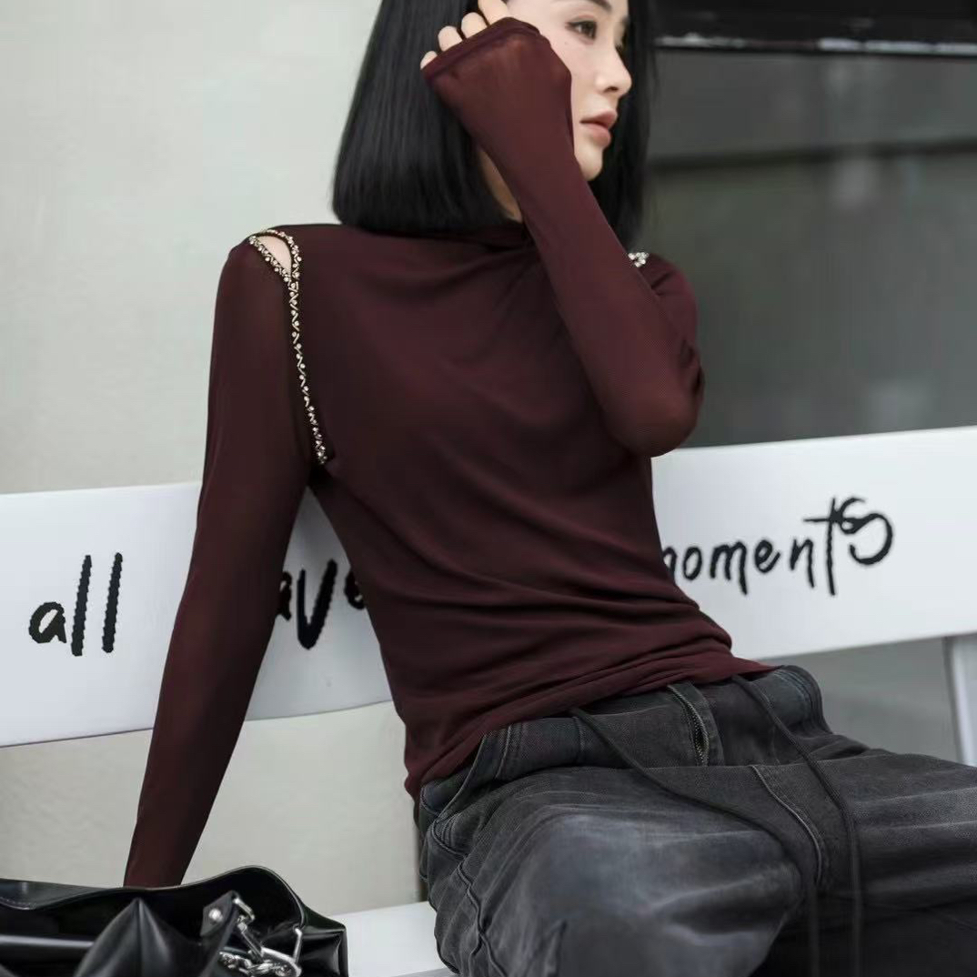 1006钉珠短袖常规款针织半高领女T恤ins百搭堆堆领时尚