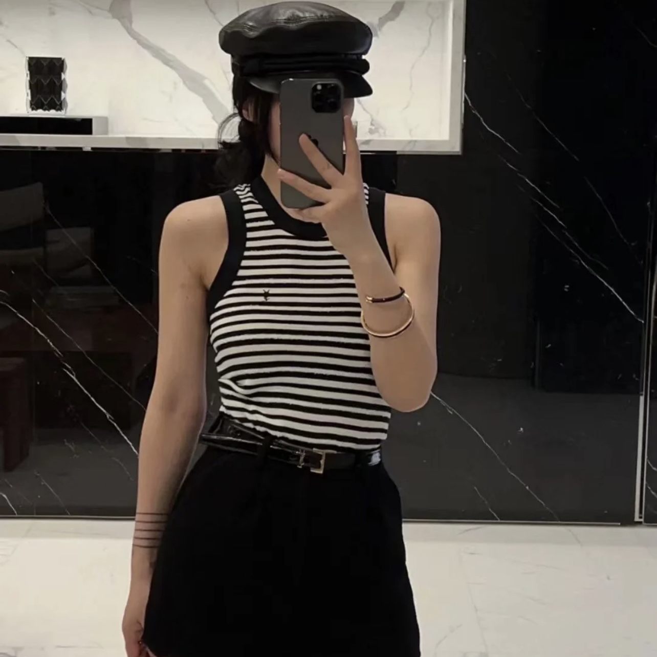 未使用 YSL/圣罗兰 圣罗兰刺绣logo黑白条纹背心