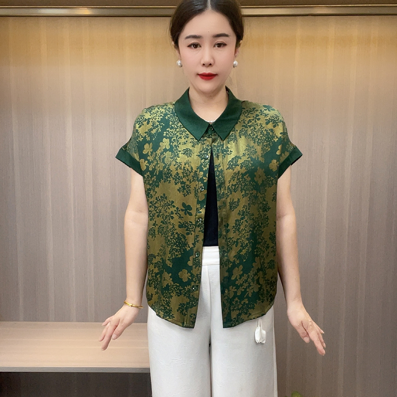 8823新款夏季中老年短袖时尚开衫上衣POLO领国风碎花时尚妈妈装