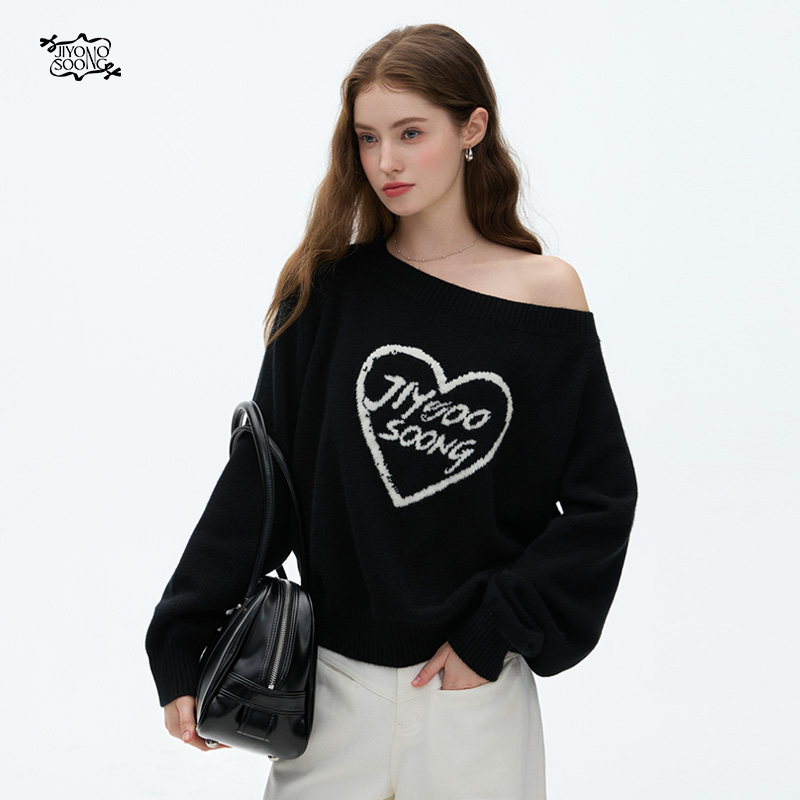 JIYOO SOONG | 纯羊毛黑色秋冬女士针织黑色韩系一字肩毛衣