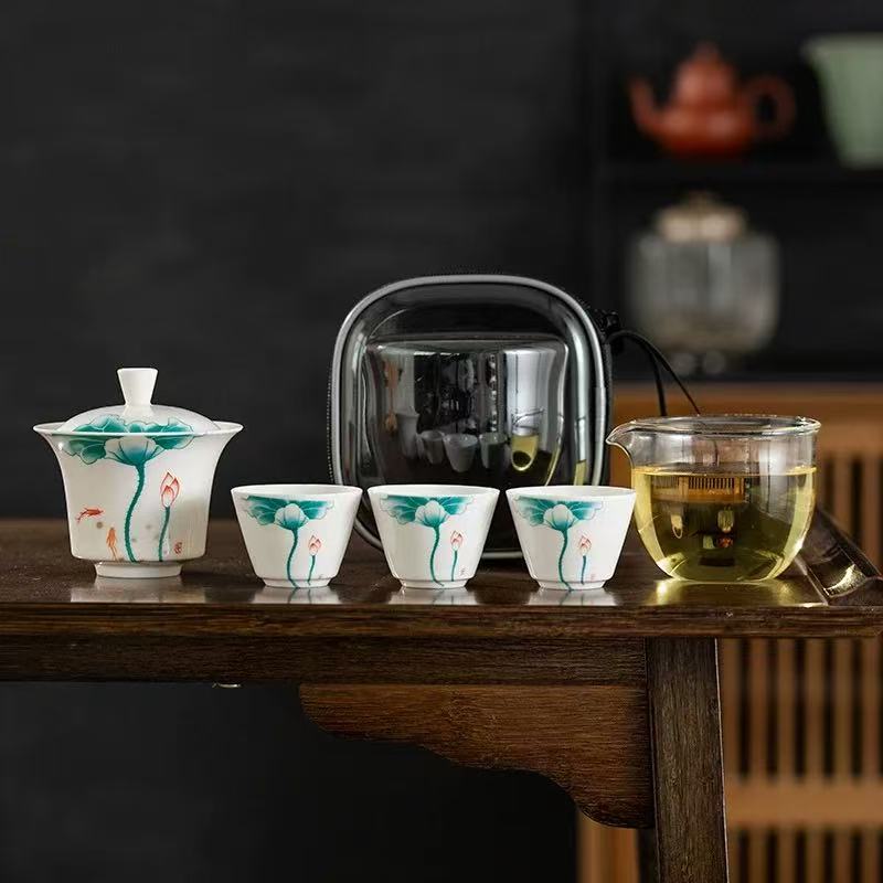 荷花盖碗旅行套装1640手工户外陶瓷中式白瓷瓷盖碗