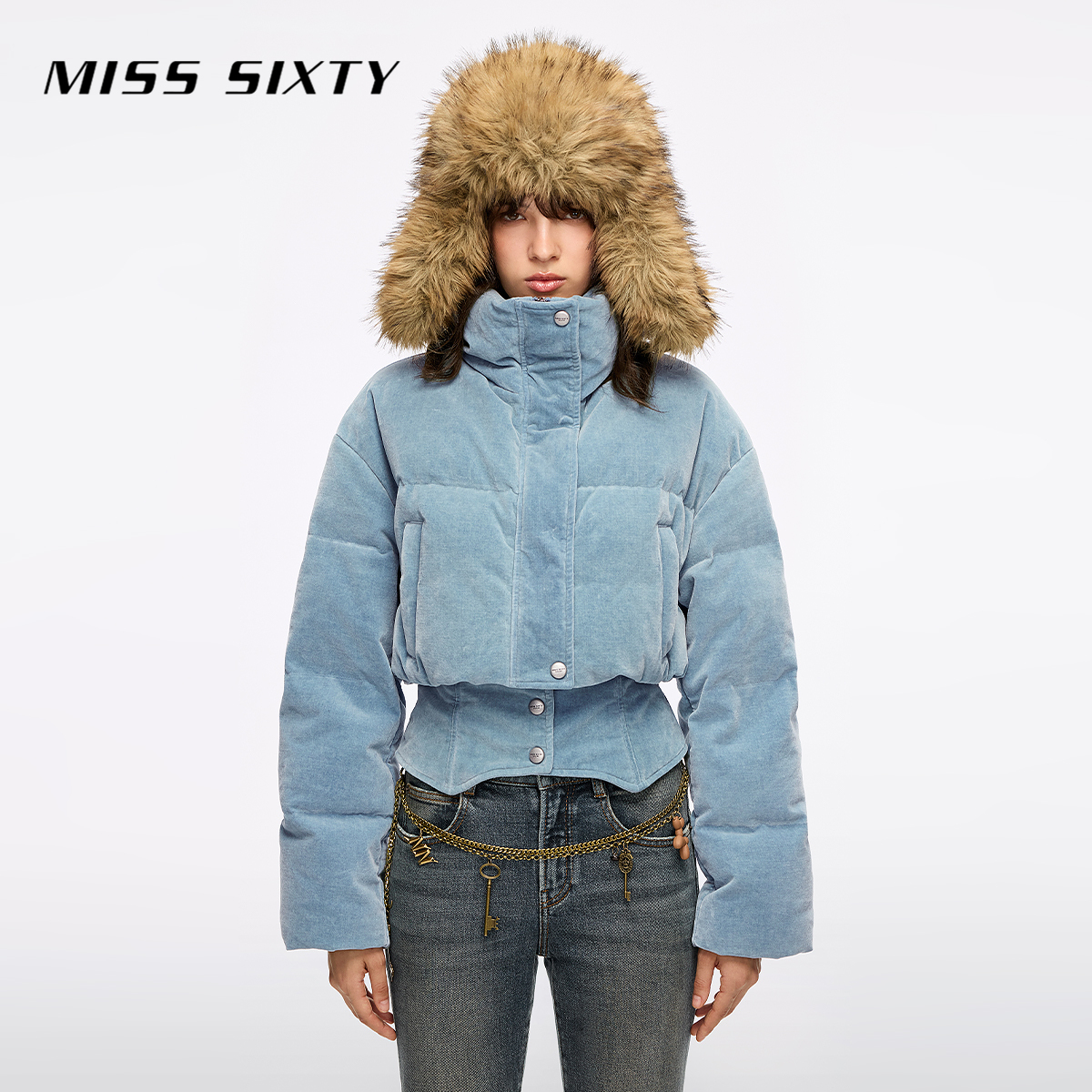 【90鸭绒】Miss Sixty2025冬季新款牛仔羽绒服女立领拼接腰封外套