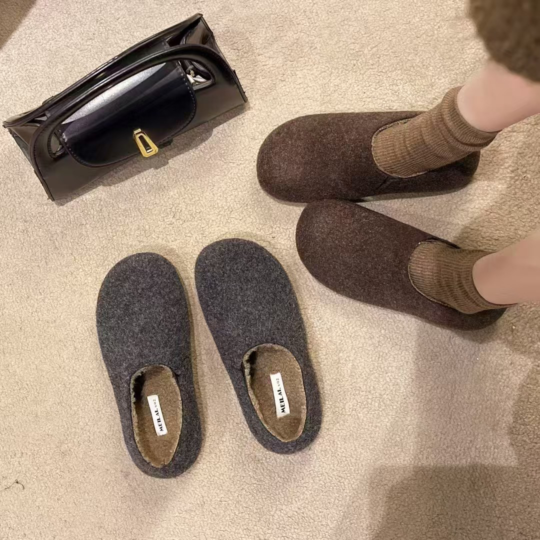 6608-10-Y新款一脚蹬懒人厚底穆勒保暖毛毛圆头豆豆鞋