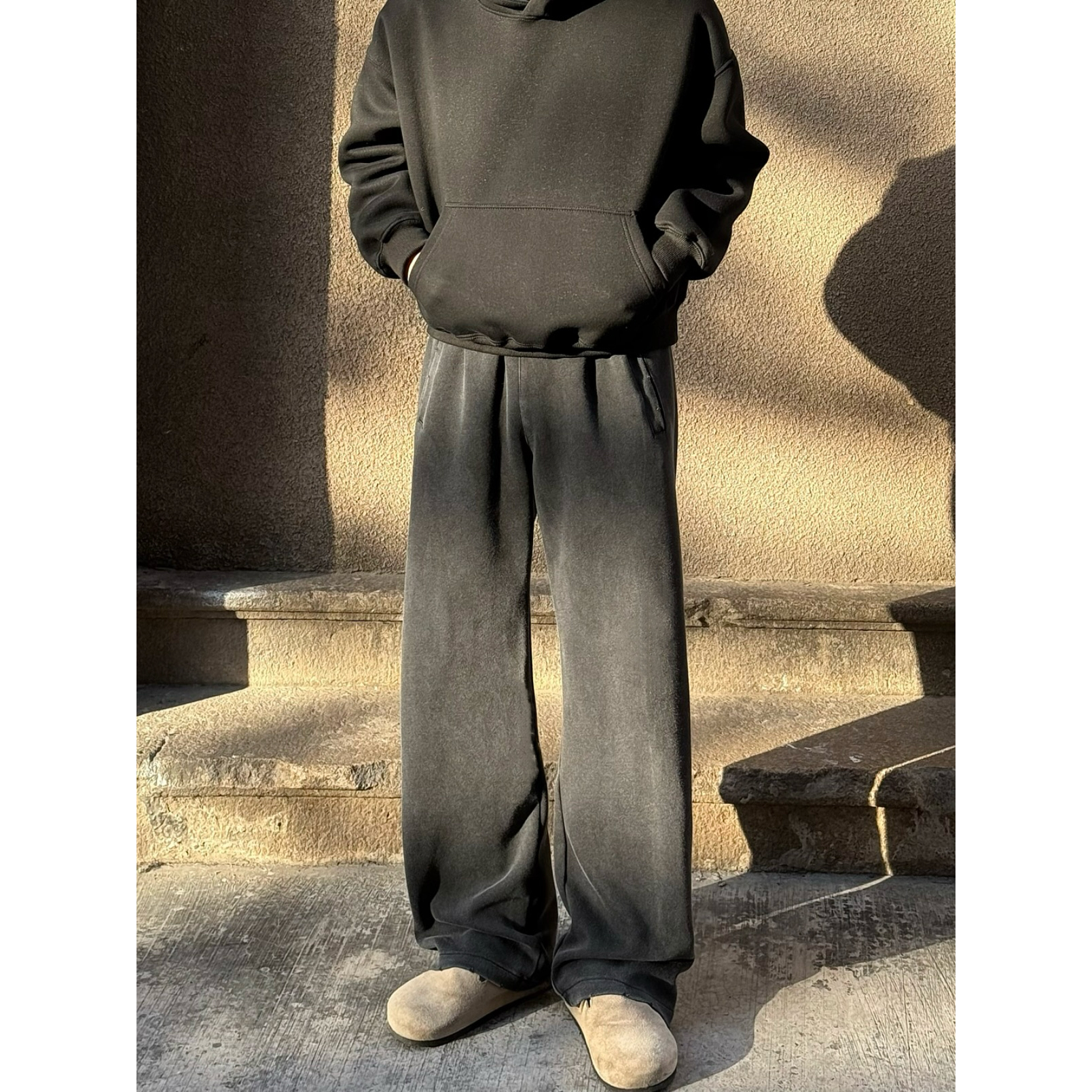 加绒水洗破坏卫裤男款冬季痞帅宽松直筒cleanfit裤子百搭运动长裤