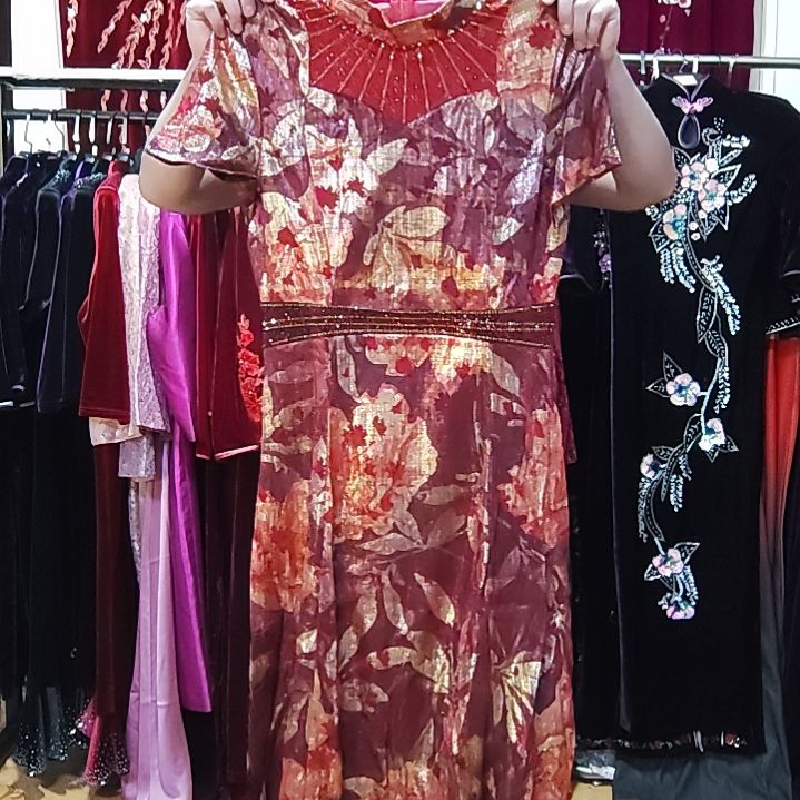 品牌金属色夏季薄款中长改良旗袍裙l码110斤左右5XL150斤左右