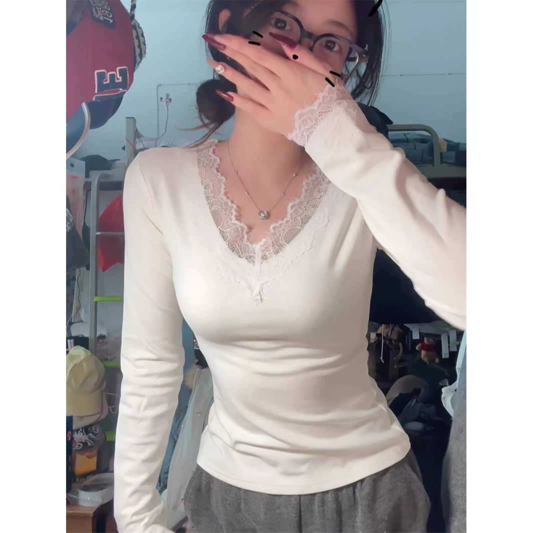 【罗纹德绒270克11】蕾丝花边打底衫女秋冬百搭修身上衣