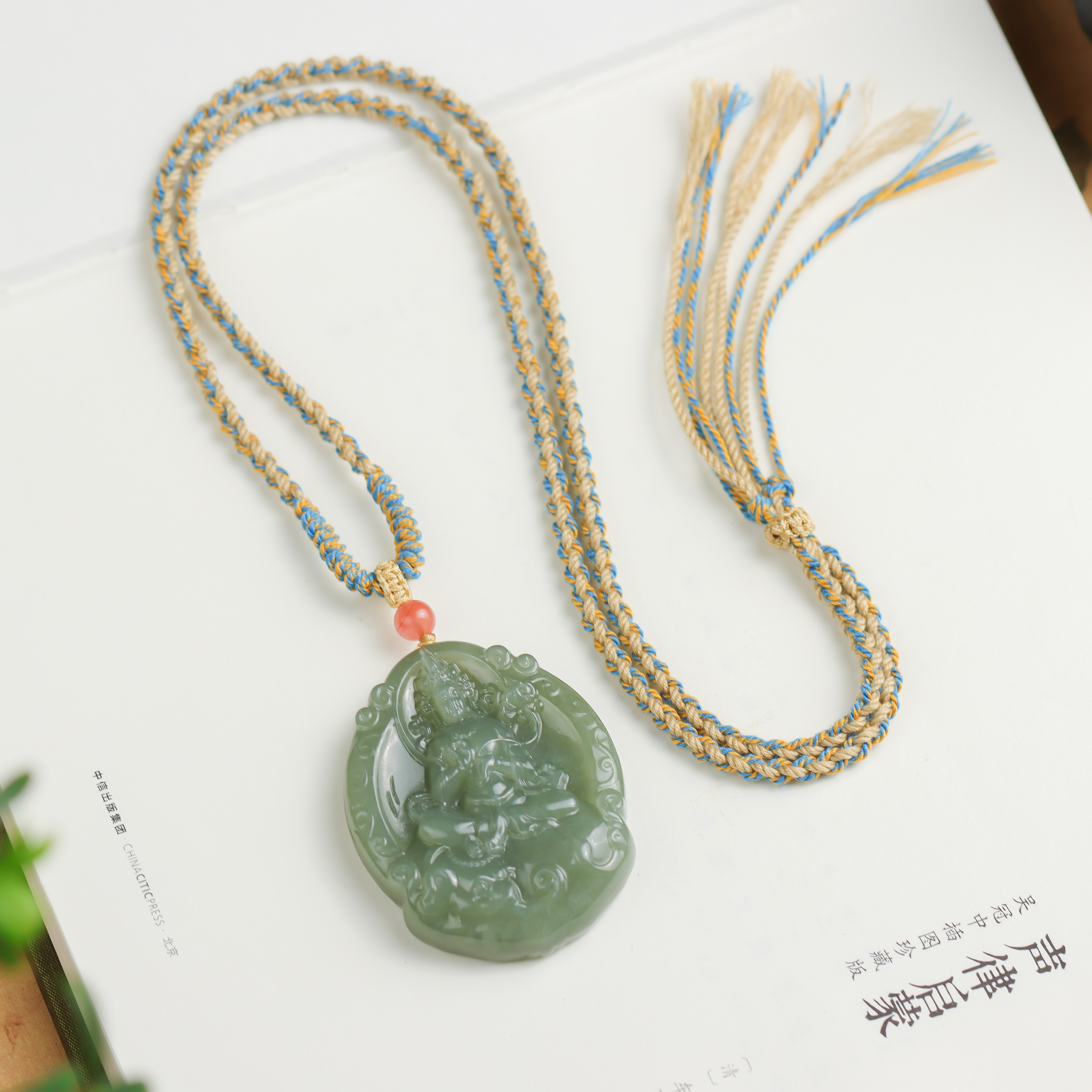和田玉青玉精雕普贤菩萨男女款百搭编绳吊坠