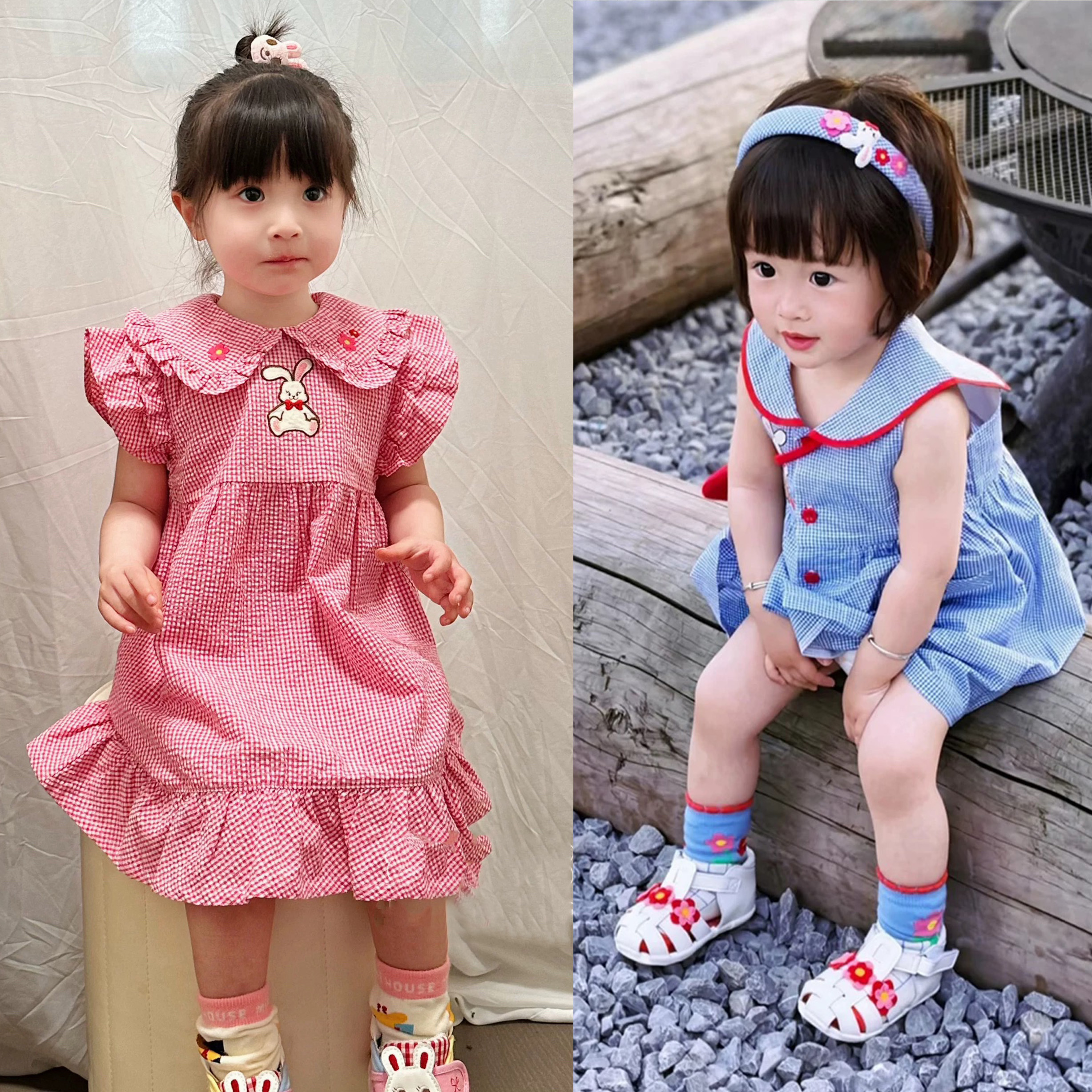 女宝裙子 新款夏季cs兔蓬蓬裙日系格子女宝卡通无袖连衣裙 