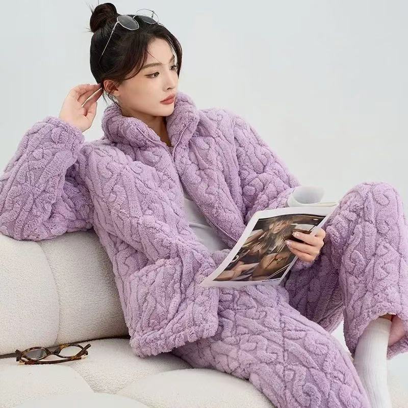 冬季睡衣女三层夹棉超厚加绒纯色宽松百搭保暖外穿家居服睡衣套装