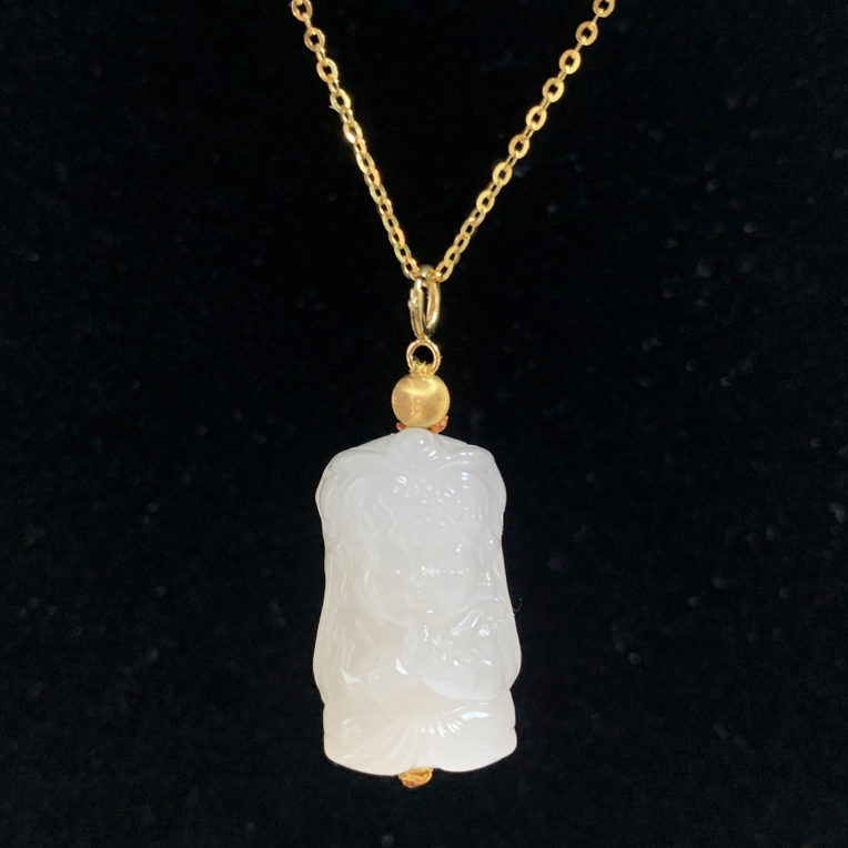 18K金藕粉和田玉扎基拉姆双面雕刻精美