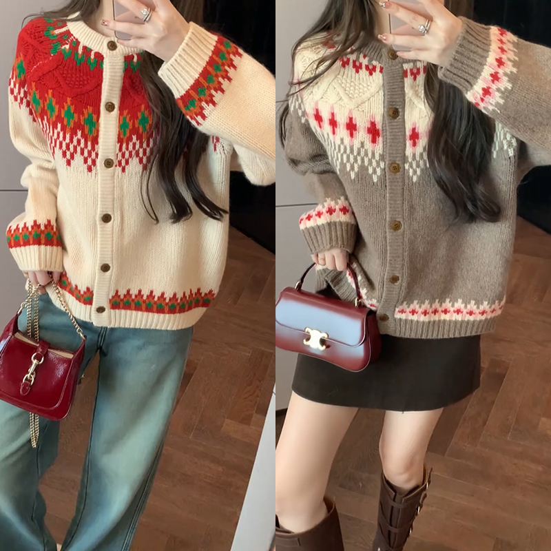 【mimius】七七 复古圆领撞色提花菱格纹毛衣开衫 WF11118