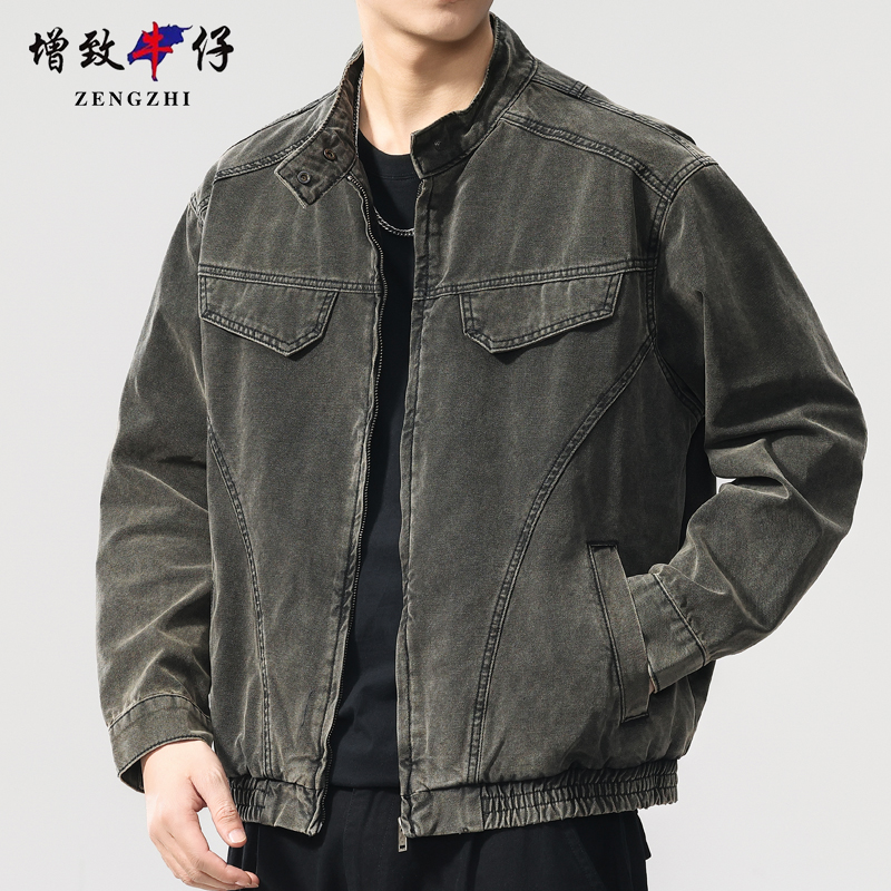 增致牛仔秋季外套男士美式休闲衣服立领夹克潮流宽松简约百搭商务