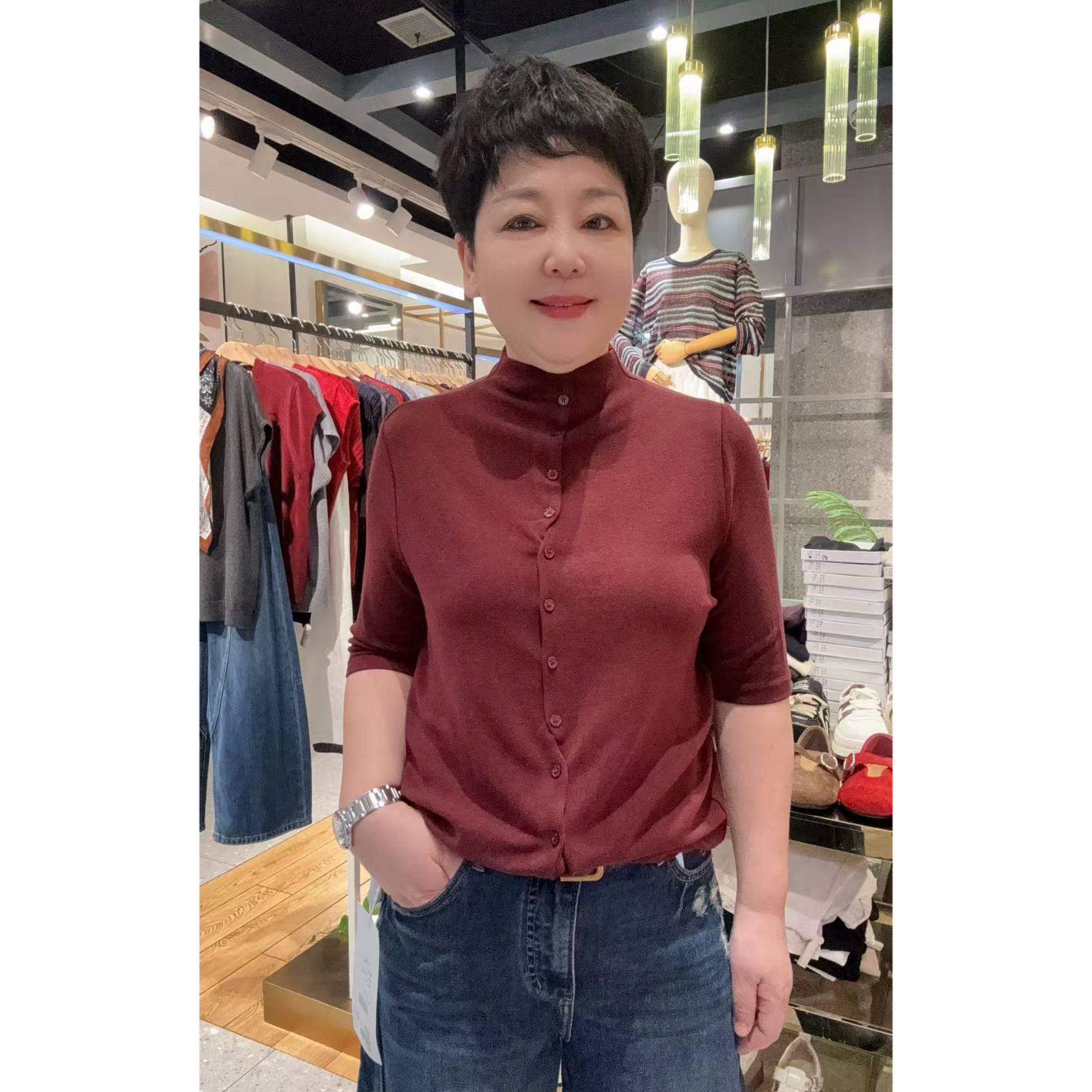 【娅姐专属】薄款半高领纯色多扣针织衫6155