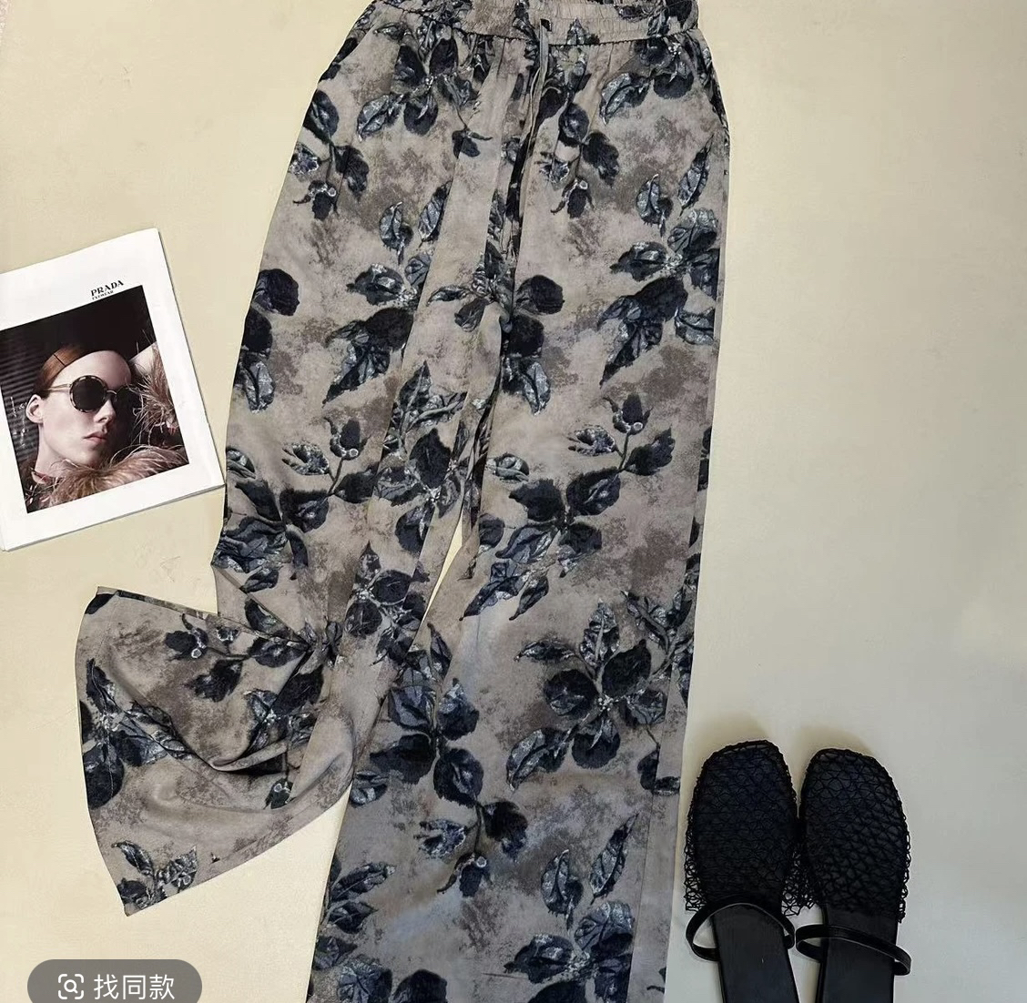 松紧宽松印花扎染休闲裤水墨直筒裤无弹力长裤