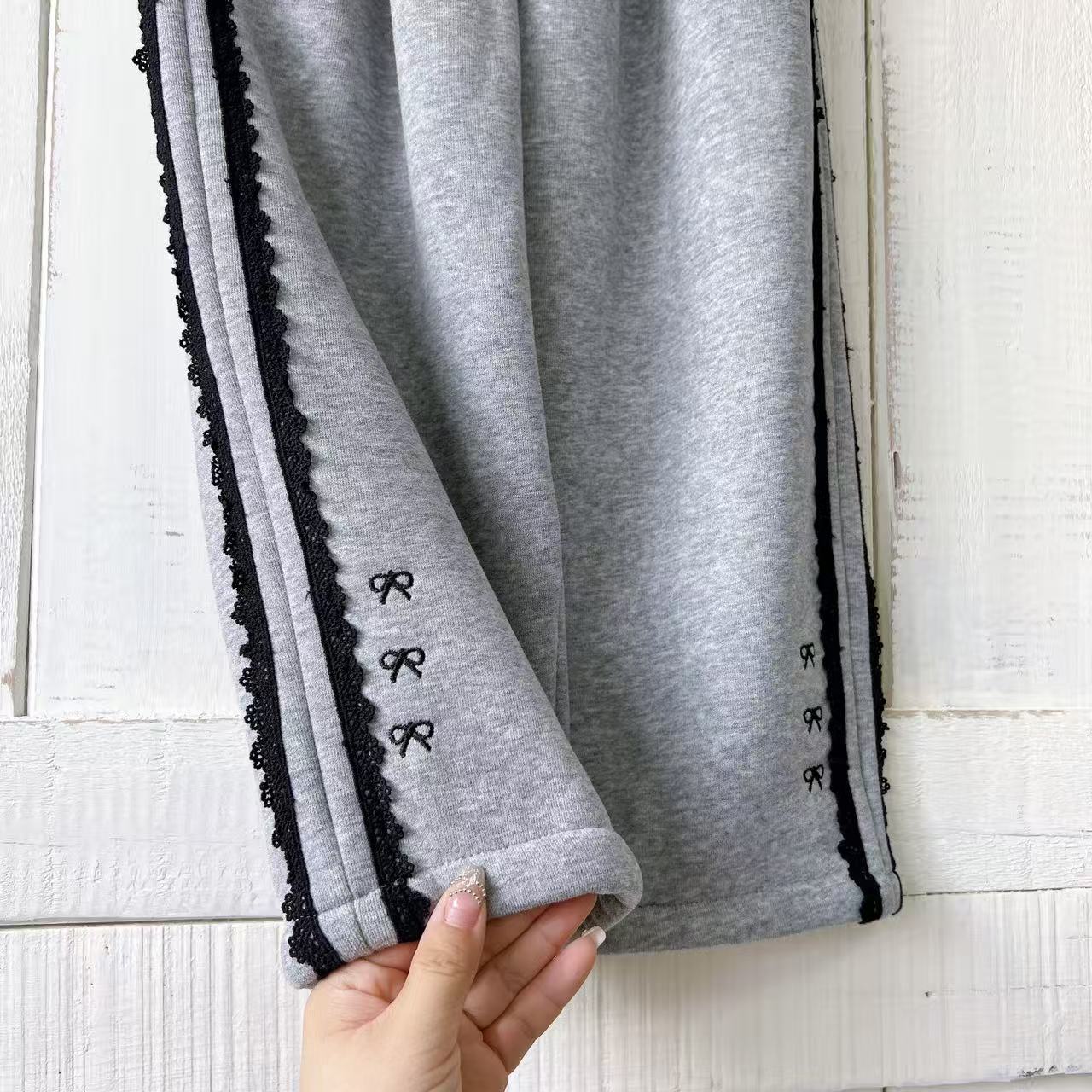 女童25冬季加绒蕾丝边长裤可爱休闲裤针织裤卫裤(灰色)2385