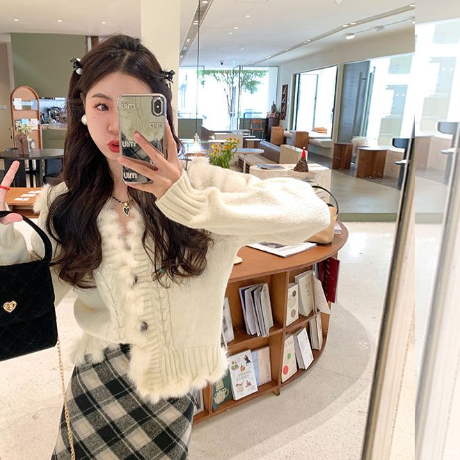 曾小咸 韩版长袖短款米白开衫上衣女春季修身毛衣Z241MA0479