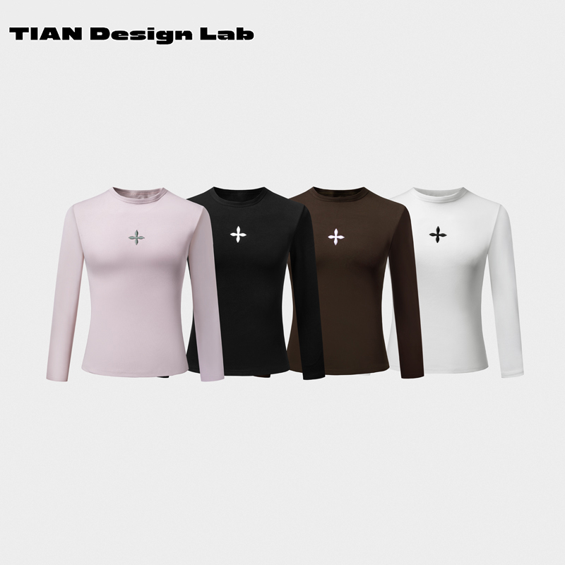 Tian design lab辣妹立体刺绣紧身长袖T恤女显瘦短款上衣打底衫