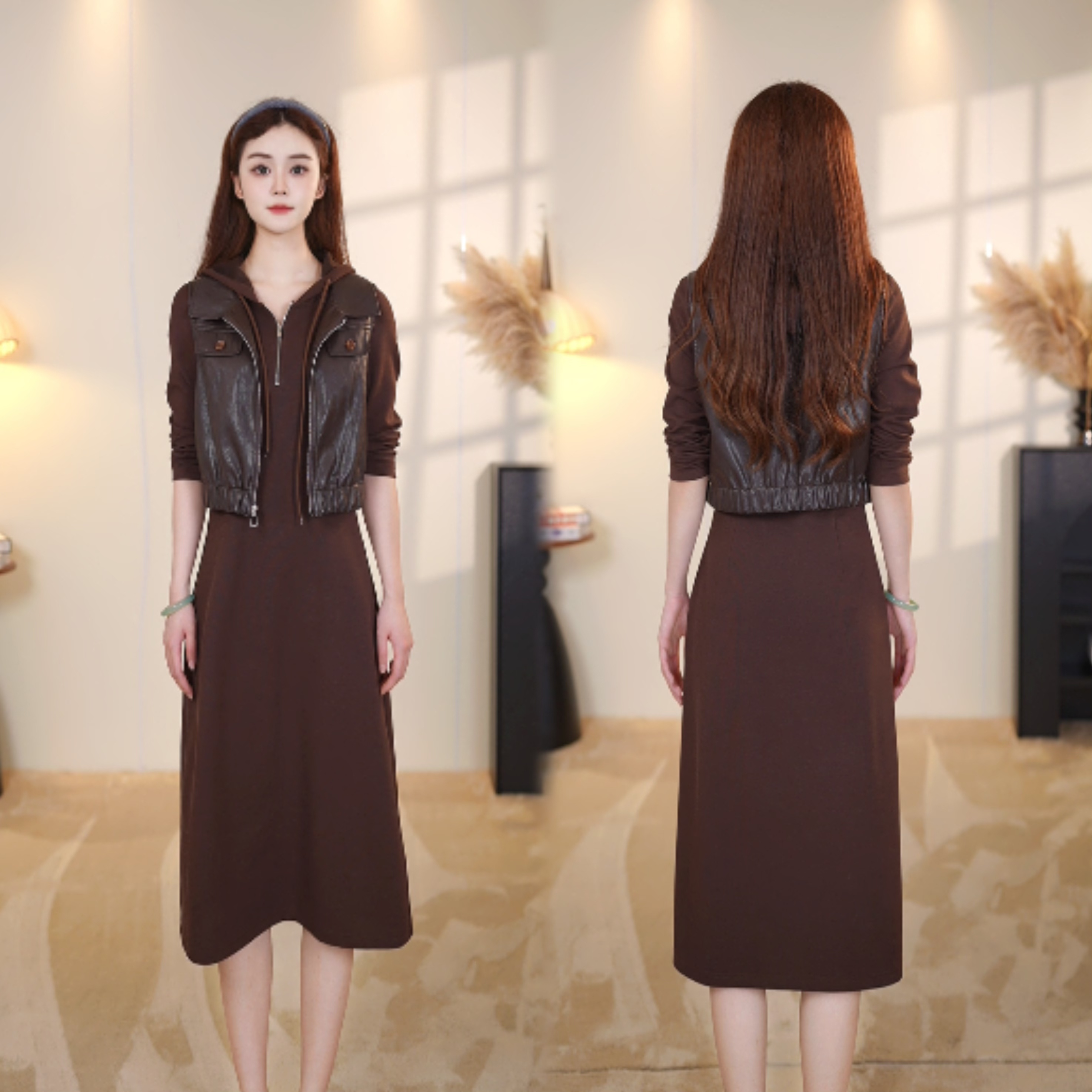 【两件套】2025秋季新品女装 时尚减龄马甲+连帽卫衣裙