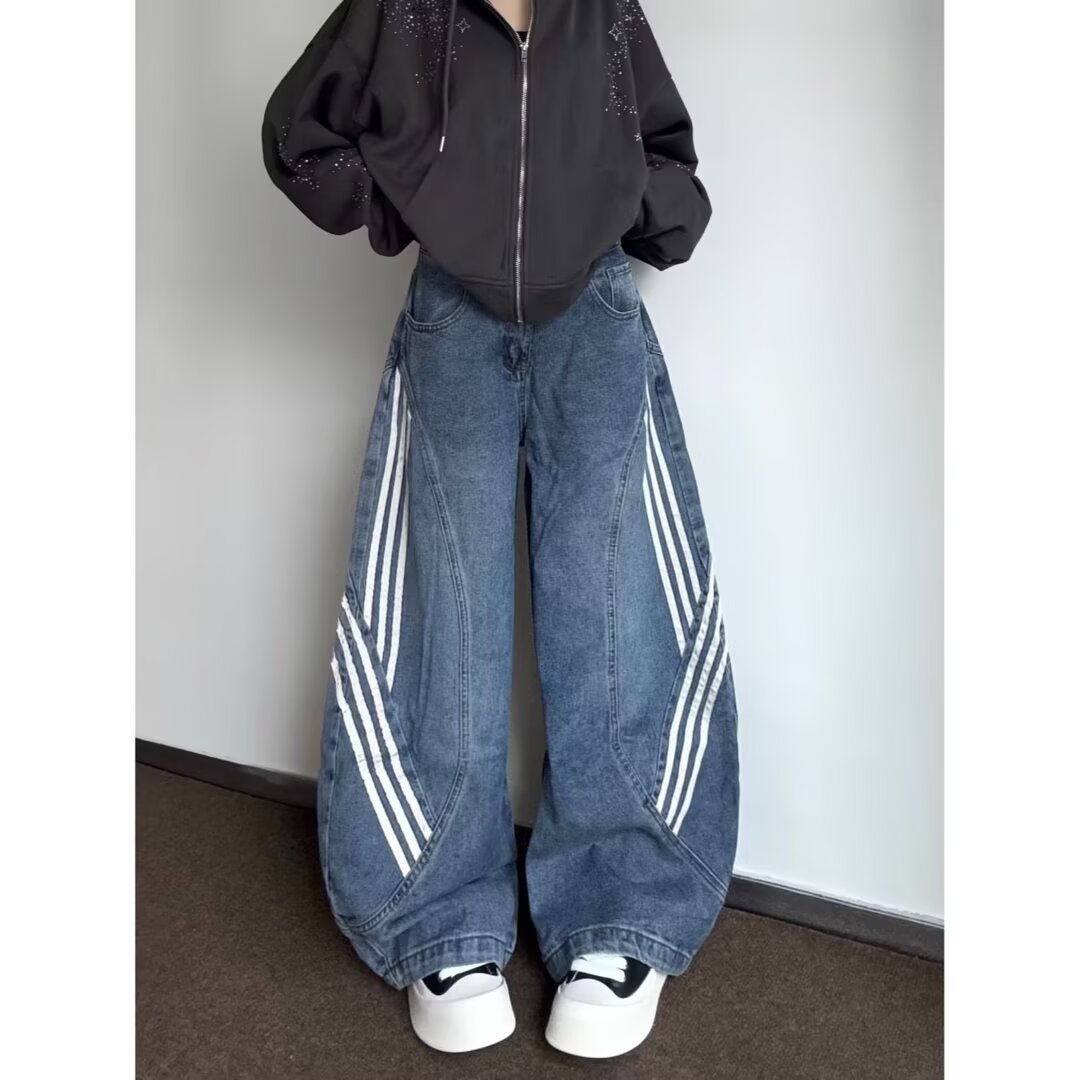 大码复古水洗解构弯刀牛仔裤男女宽松休闲高街杠条纹拼接阔腿裤潮