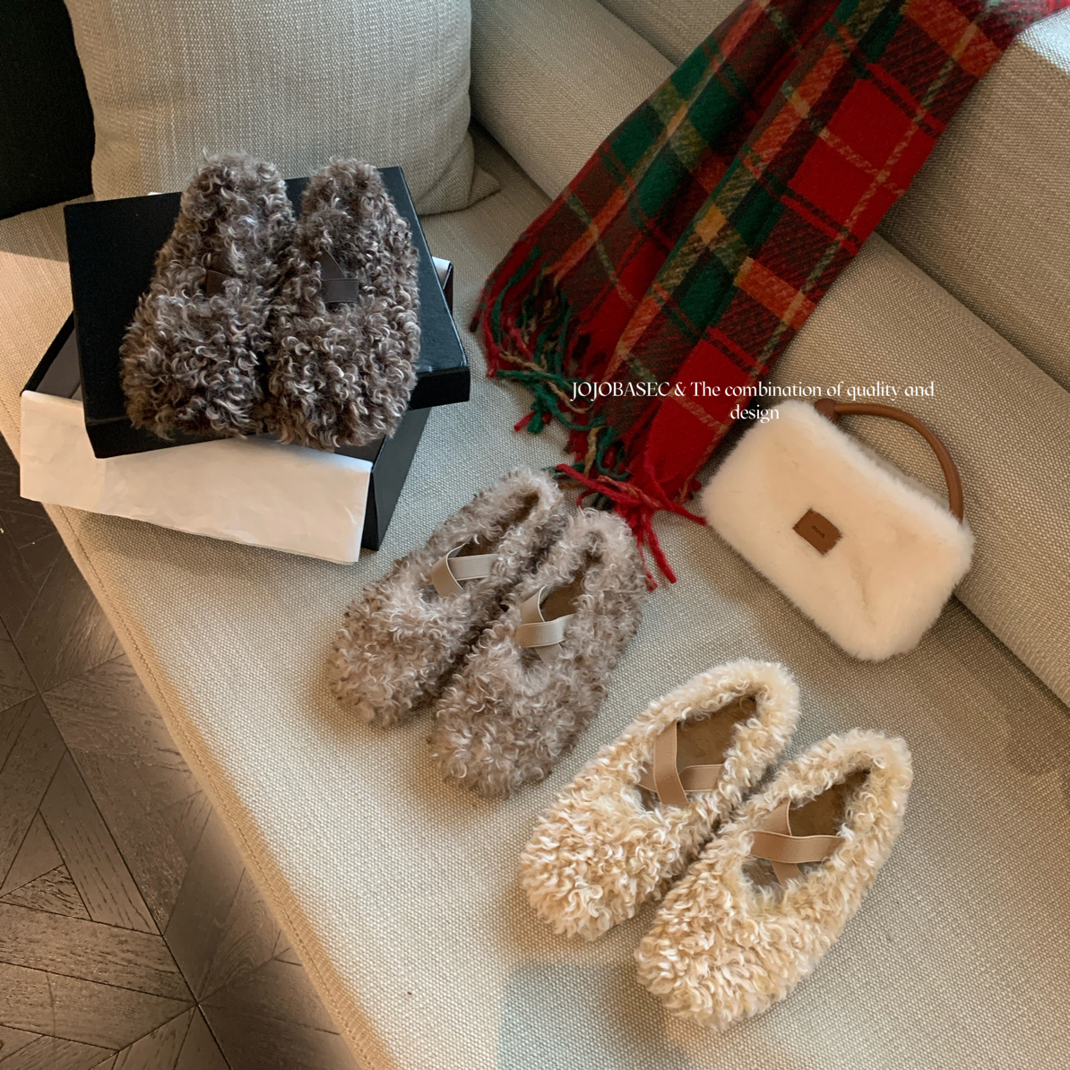 圆圆家 9022-2 韩系圆头卷毛软底外穿日常女鞋平跟加厚交叉绑带鞋