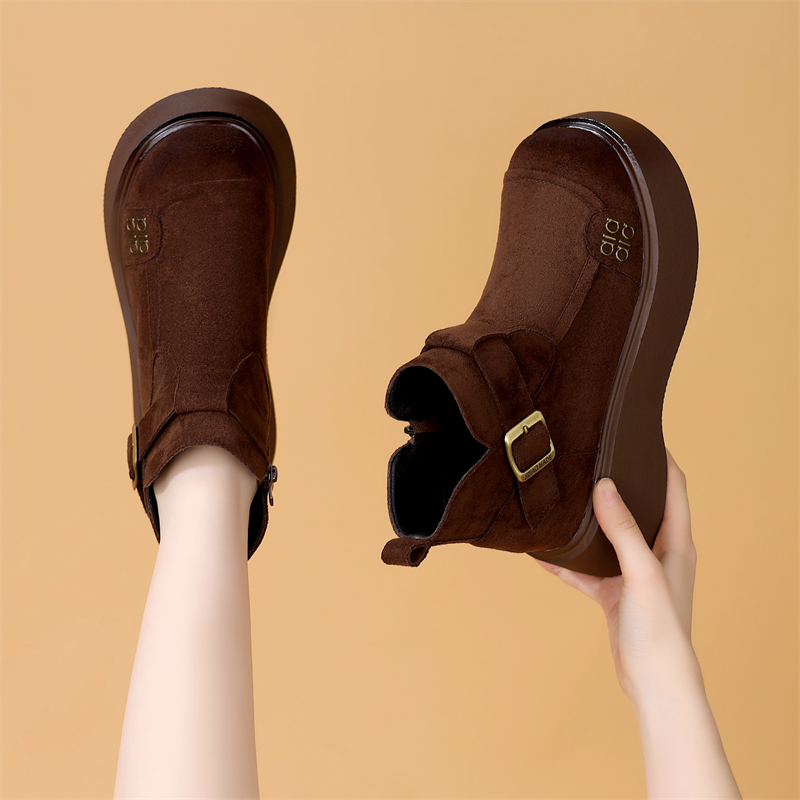 真皮厚底短靴女2025年秋冬新款圆头松糕底复古百搭小个子增高女靴