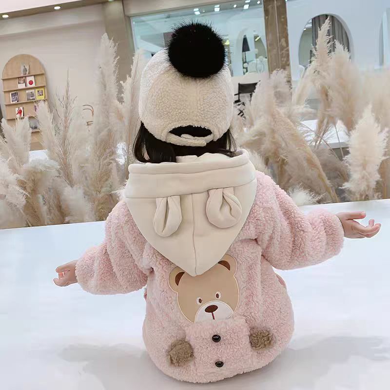 T04女童秋冬加绒小熊连帽外套