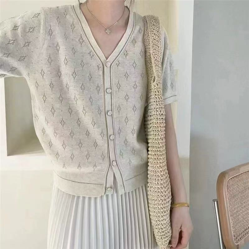 春夏新款金丝菱形提花V领针织开衫短袖宽松百搭上衣女1056P