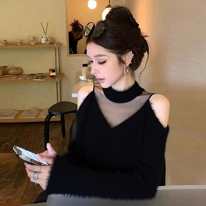 黑色内搭毛衣女秋冬2025设计感法式赫本风时尚别致网纱针织衫上衣