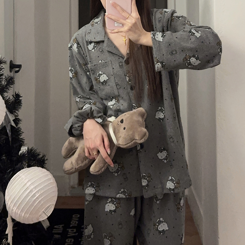德绒睡衣女款秋冬季毛绒长袖加厚保暖加绒凯蒂猫可外穿家居服套装