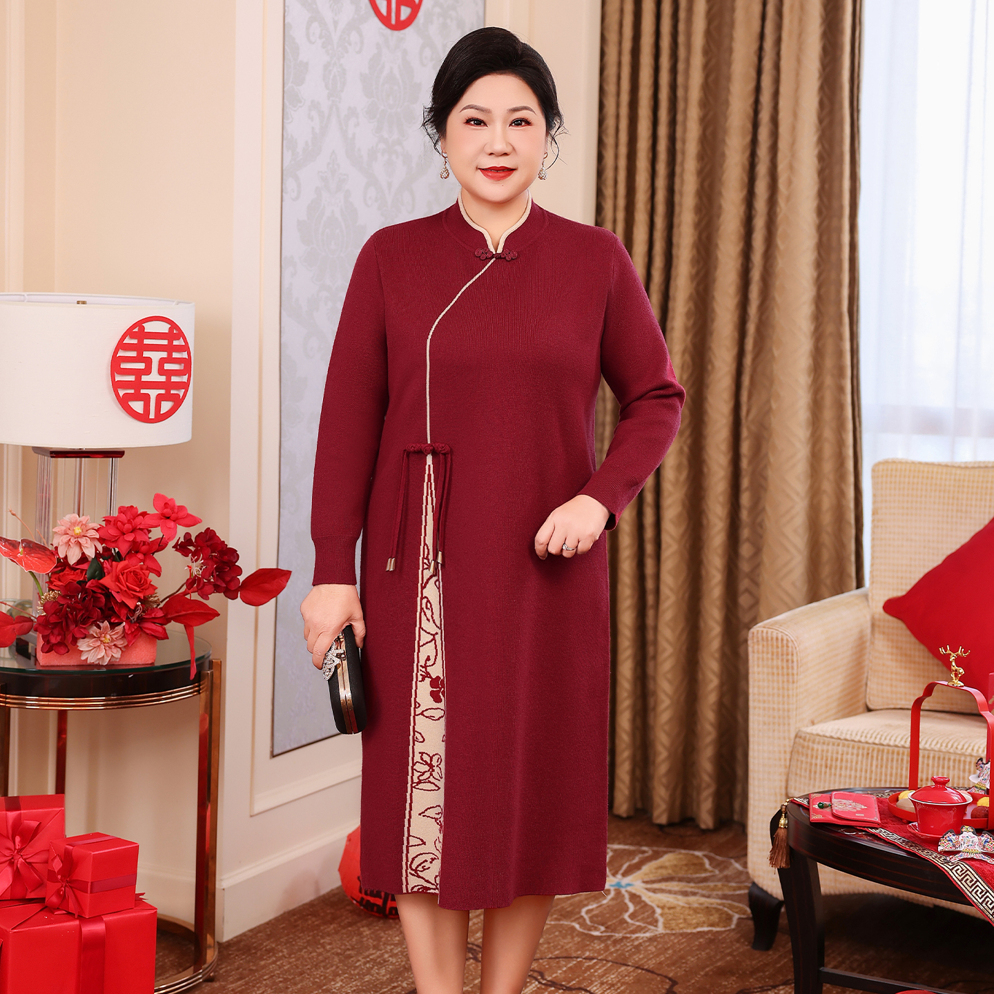 订婚宴妈妈装毛衣连衣裙中老年大码喜婆婆装2025新款裙子WM25716
