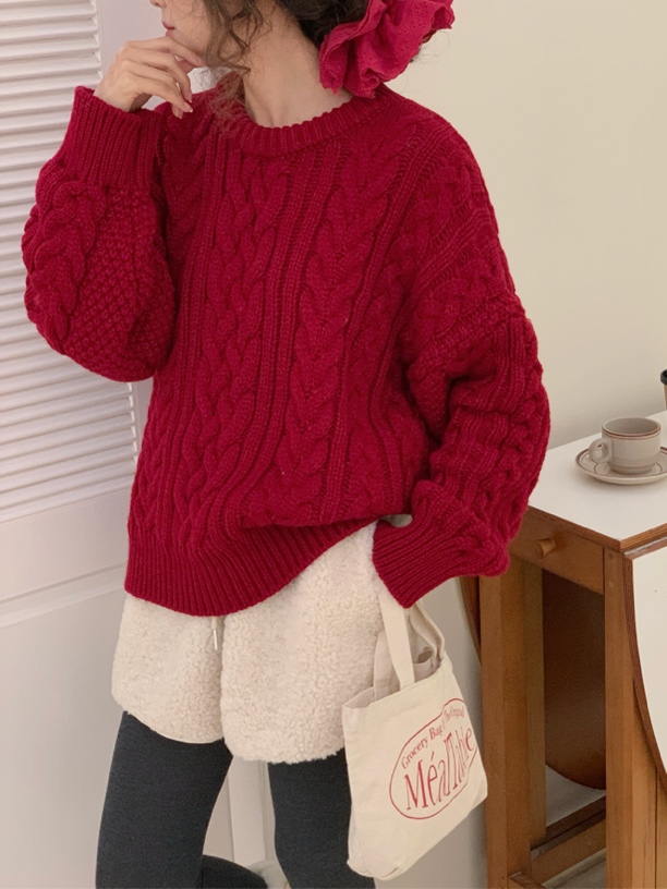 今喜|八奶经典复古麻花加厚宽松慵懒风秋冬冬季加绒韩版毛衣红