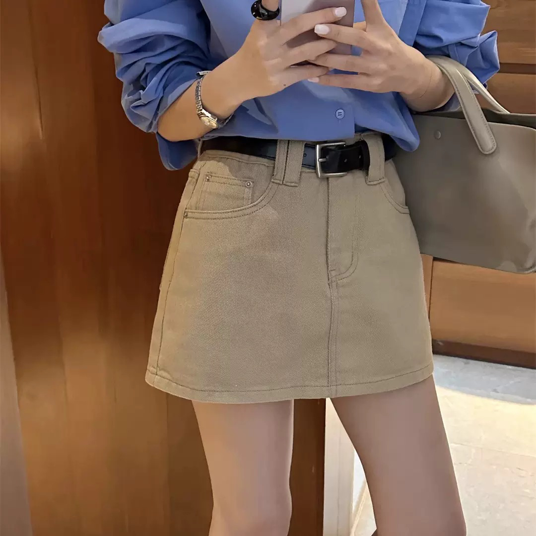 春夏高腰显瘦防走光A字半身裙包臀牛仔短裙百搭设计(无腰带)