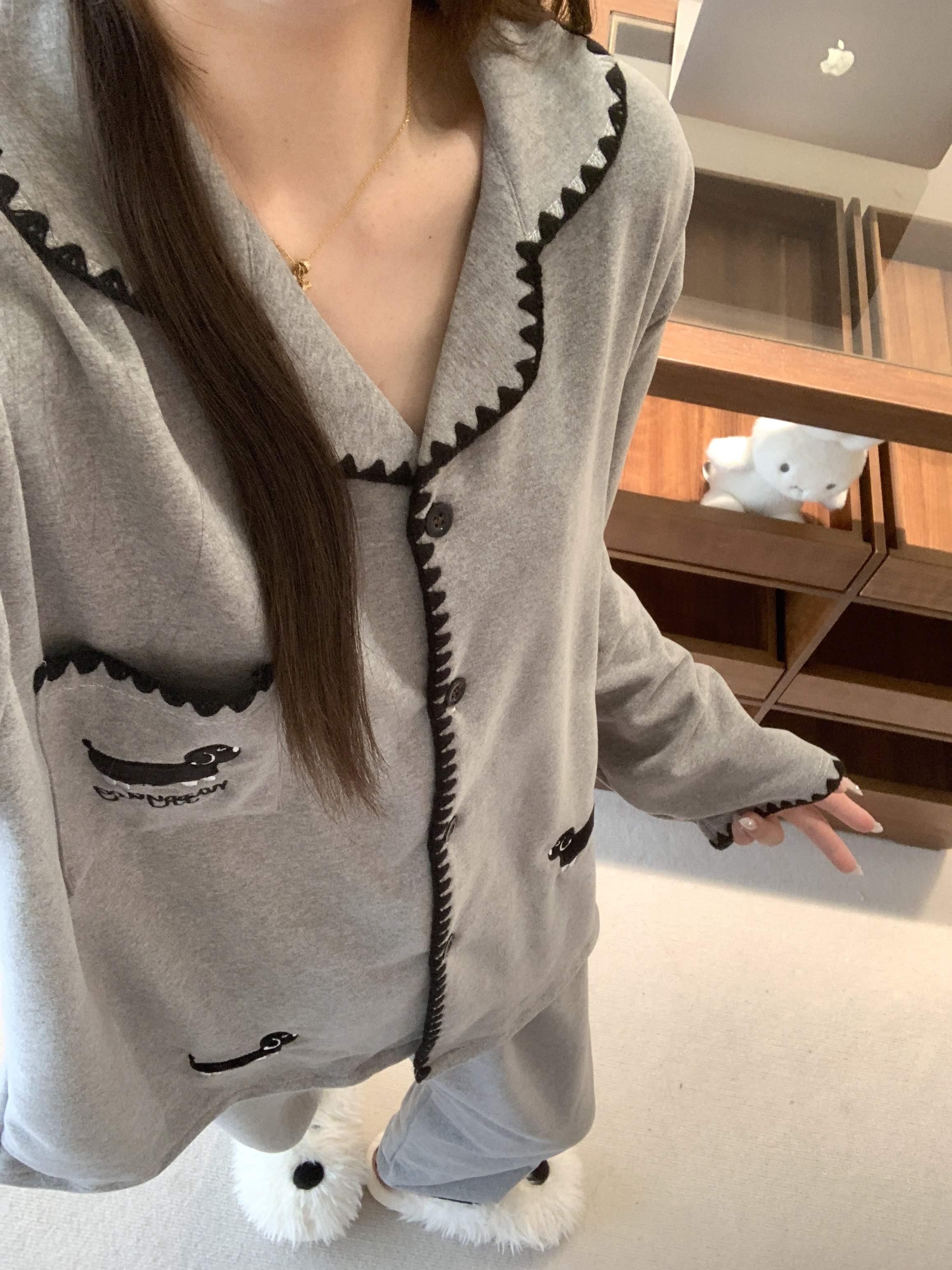 韩系ins腊肠狗刺绣少女睡衣女秋冬季蚕丝羊绒加厚保暖家居服套装