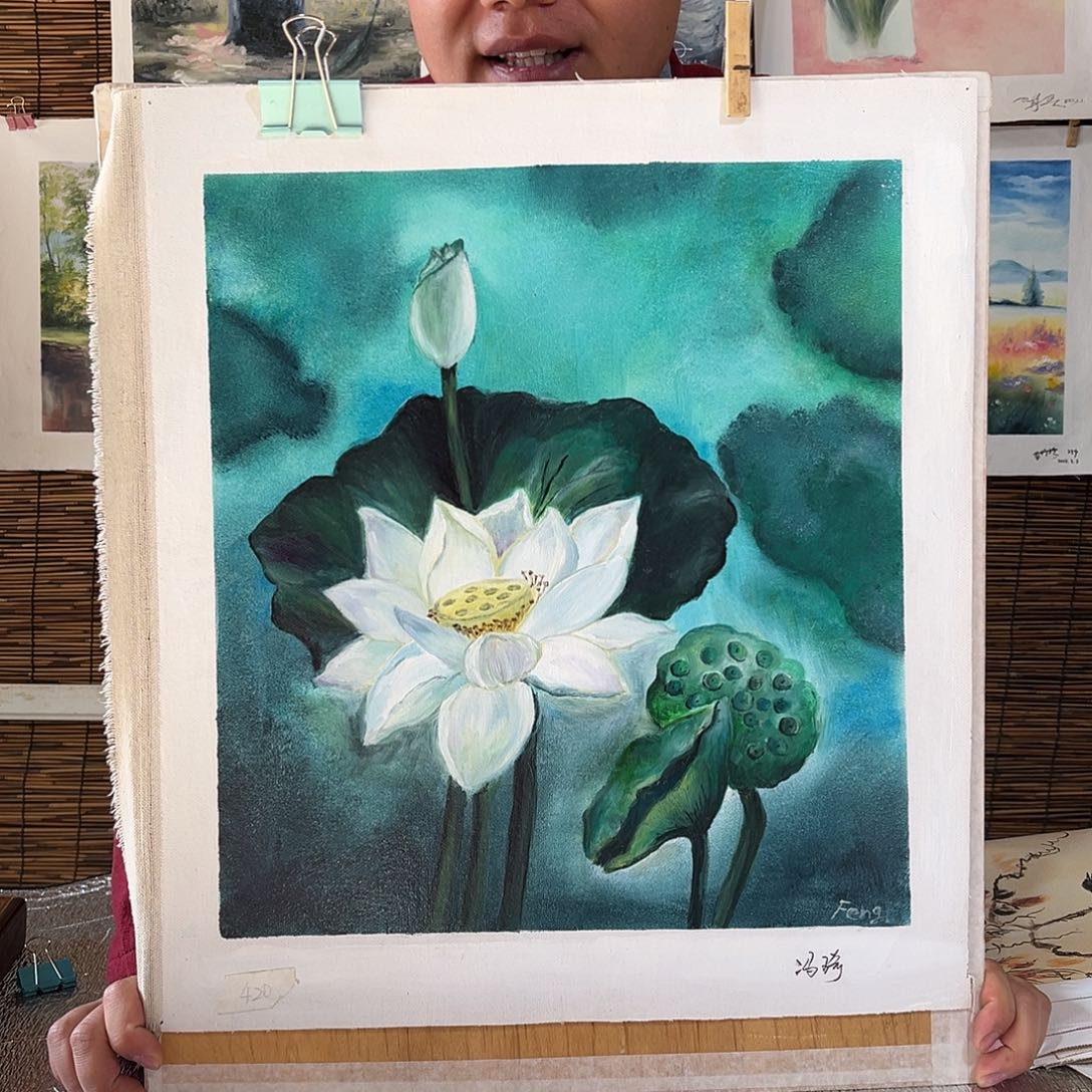 油画行路人小院绘画作品