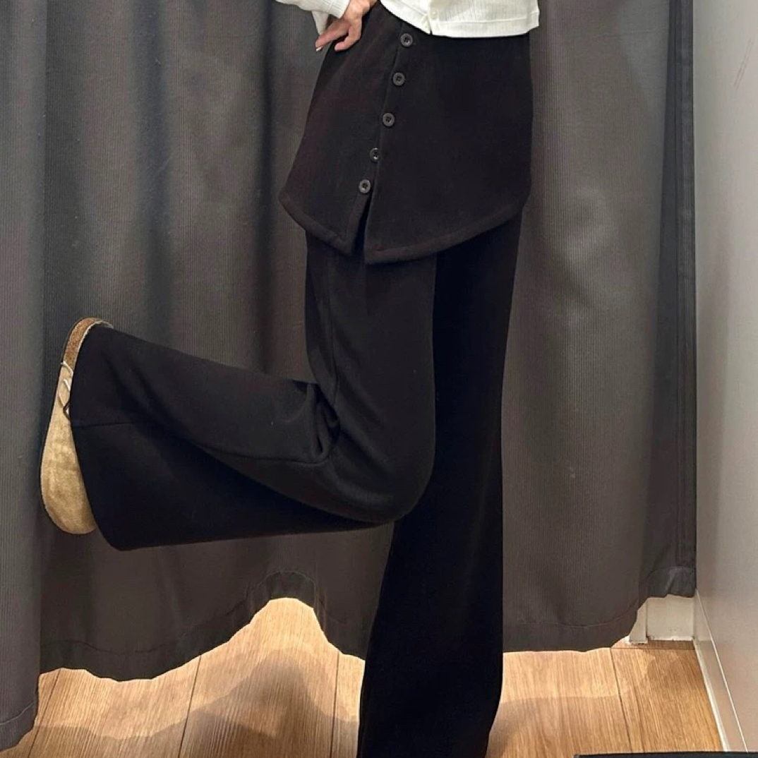 YanJie臻选·韩版时髦拼接纽扣休闲屁帘微喇裤