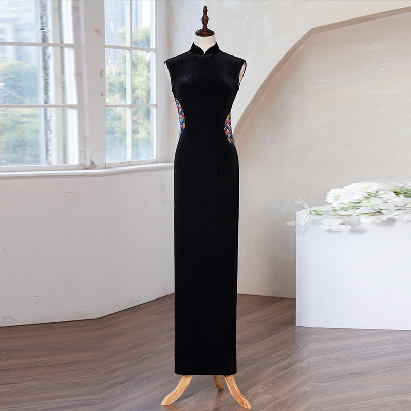 YD101红色丝绒走秀超长款旗袍连衣裙国风舞台礼仪无袖演出服