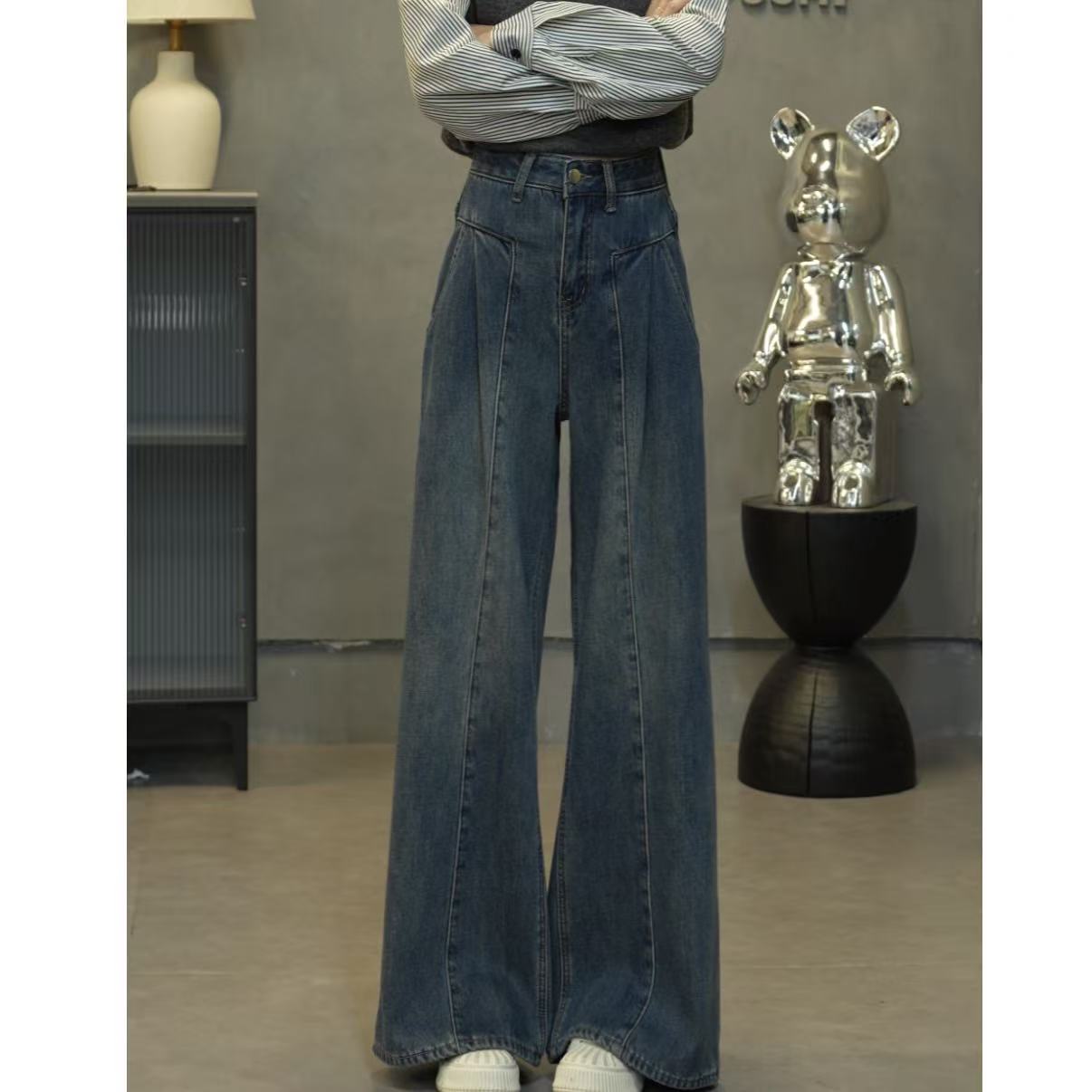 【加绒/不加绒】新款复古阔腿高腰显瘦垂感直筒裤牛仔裤女7300 G