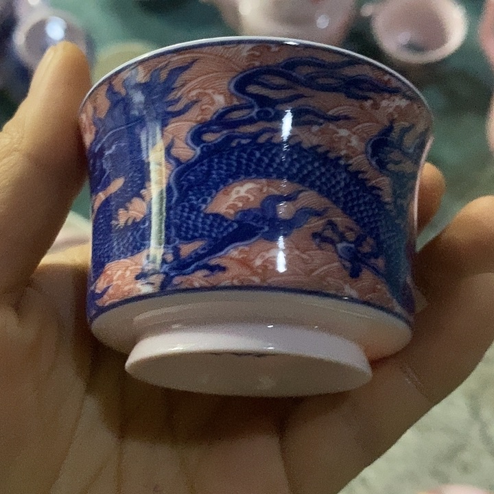 摆件陶红稀土釉里红龙马蹄杯