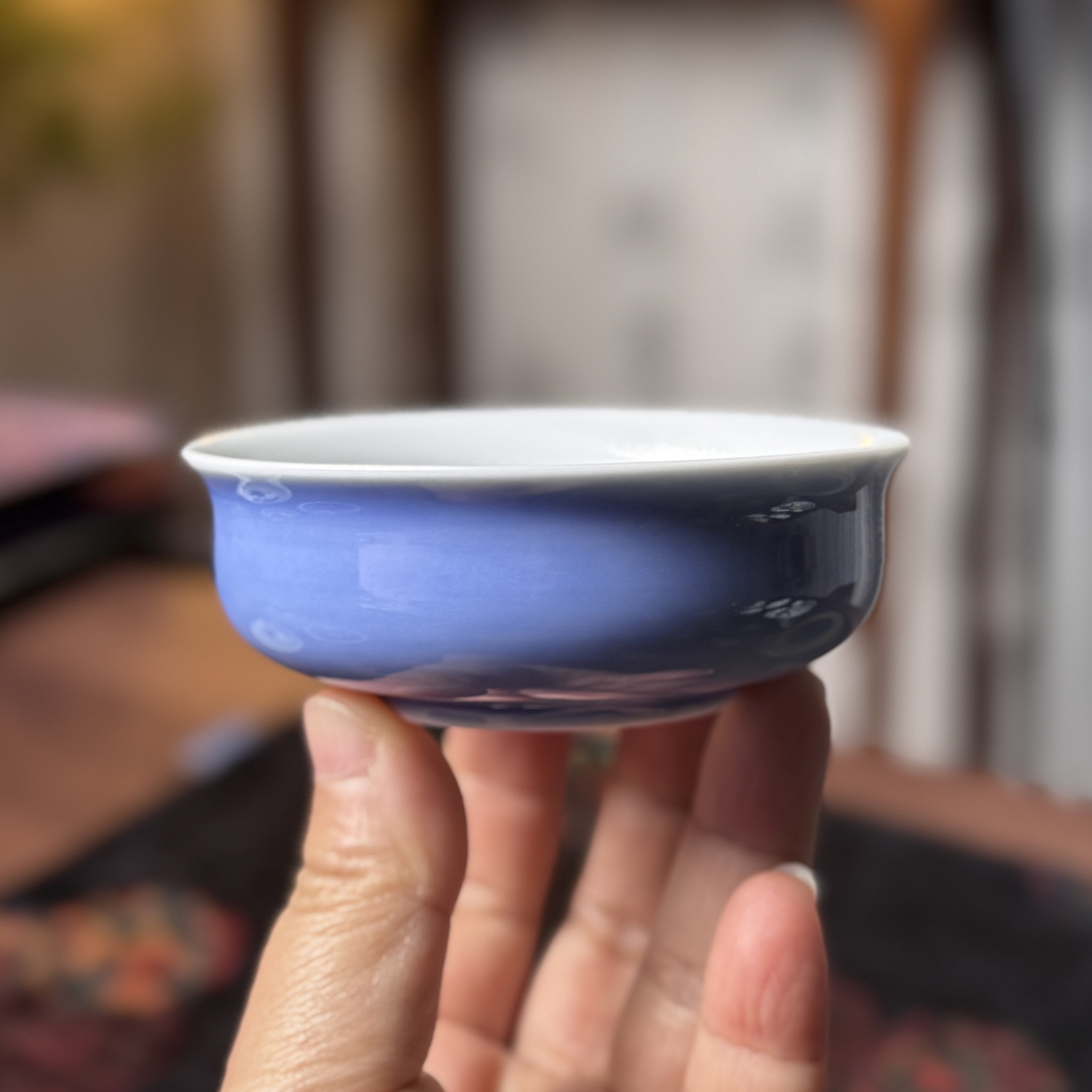 紫罗兰釉天青紫单色釉内绘竹子单翠鸟矮炉式杯60CC