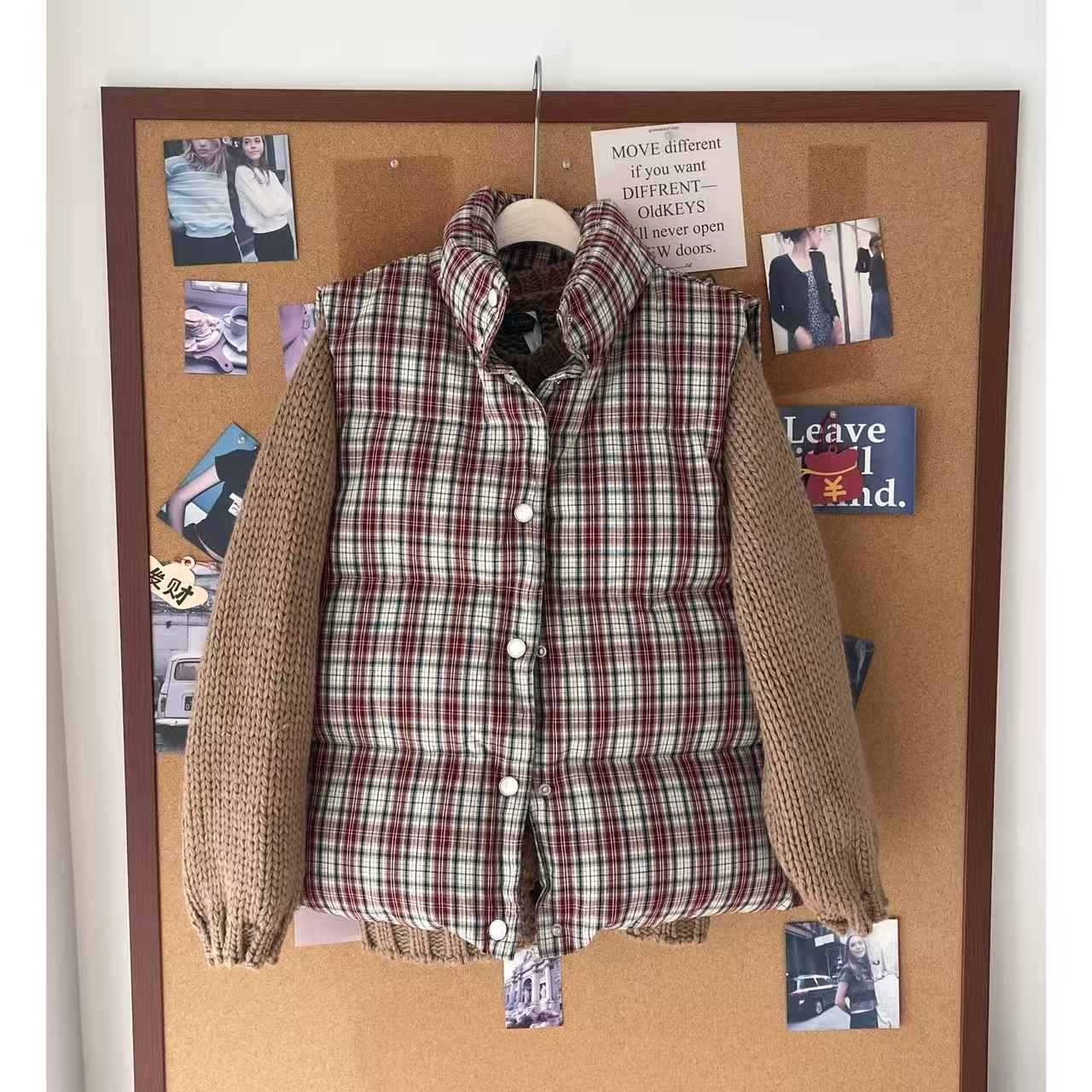 秋冬复古经典格子立领棉服马甲