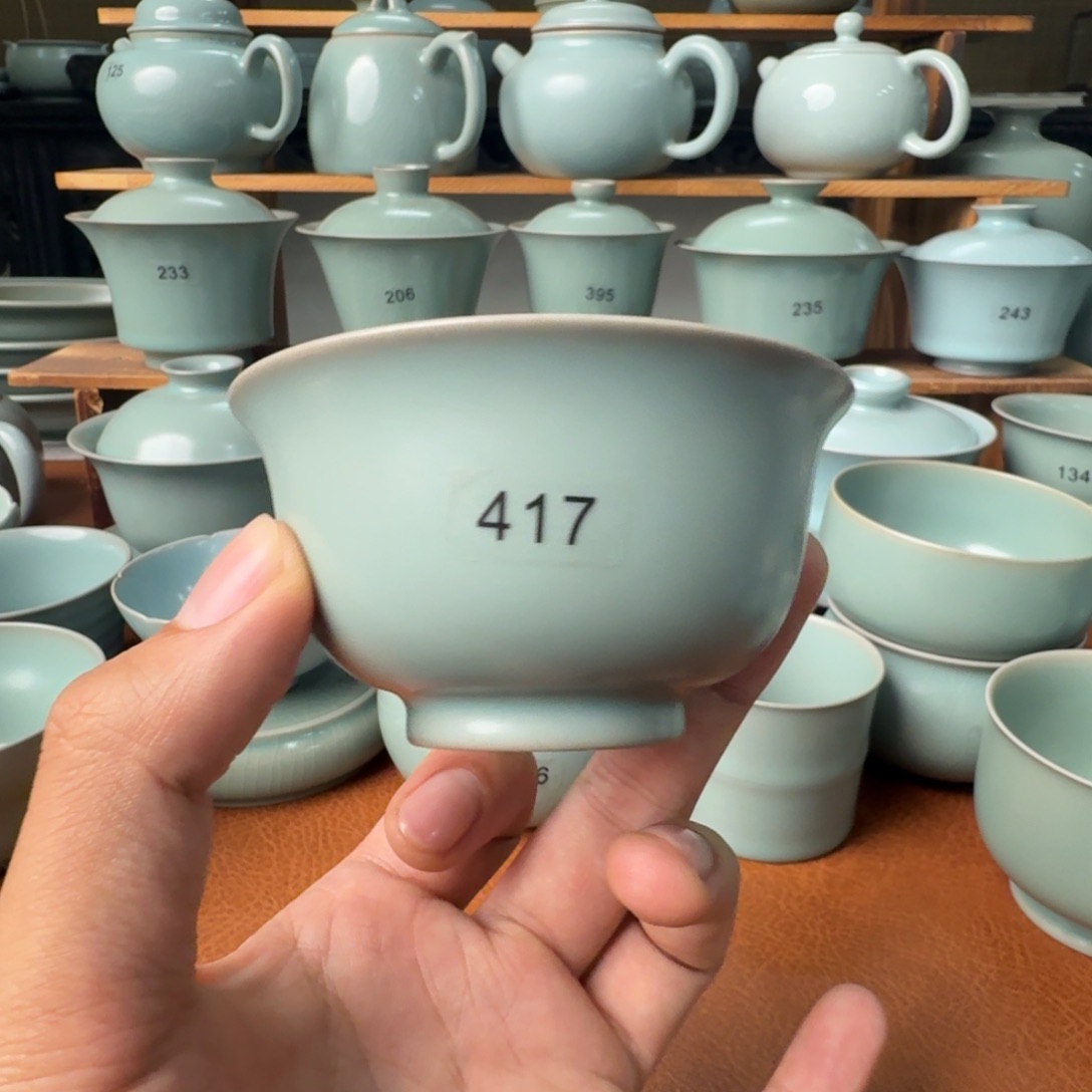 陶摆件417号微瑕仿古天青超薄胎小压手70cc