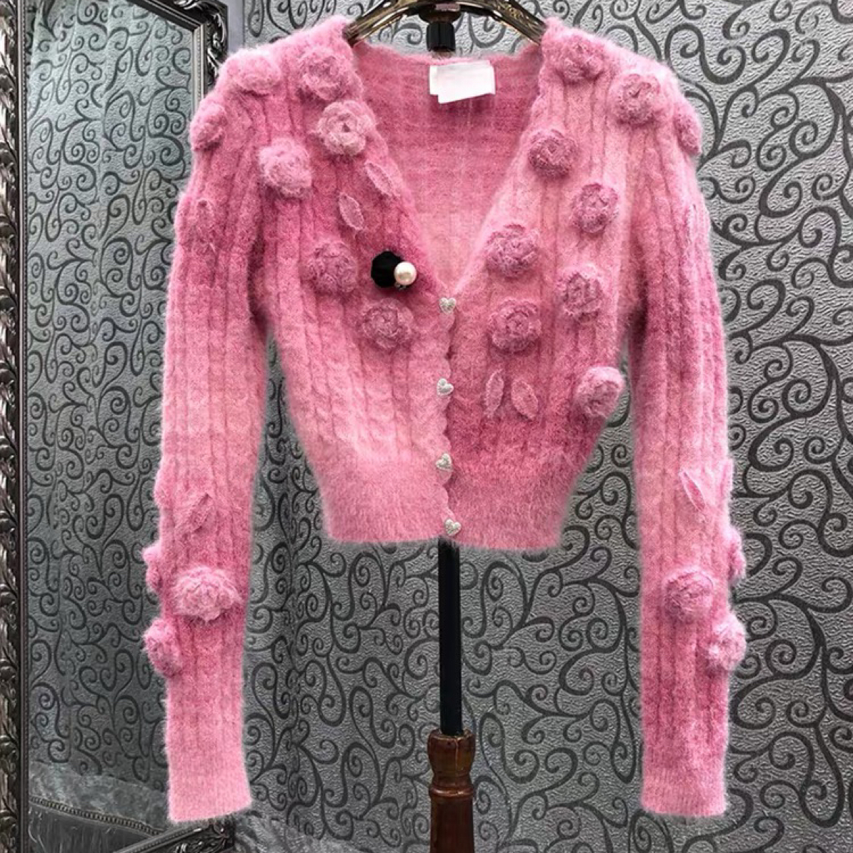 021花朵短款长袖针织中长款毛针织衫气质洋气蕾丝女装